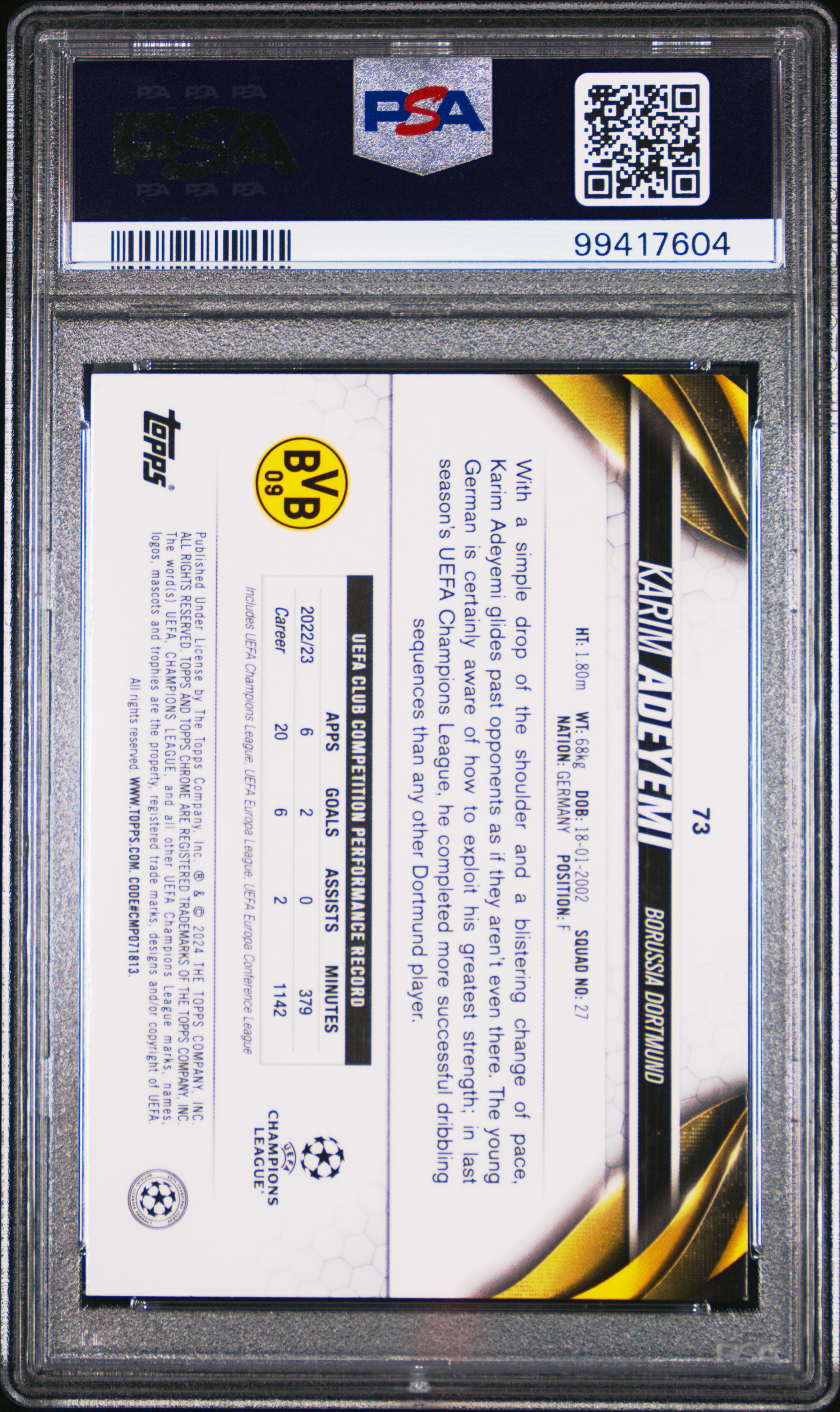 2023-24 Topps Chrome Uefa Club Competitions Karim Adeyemi #73 (Toppsfractor) Mint 9 back