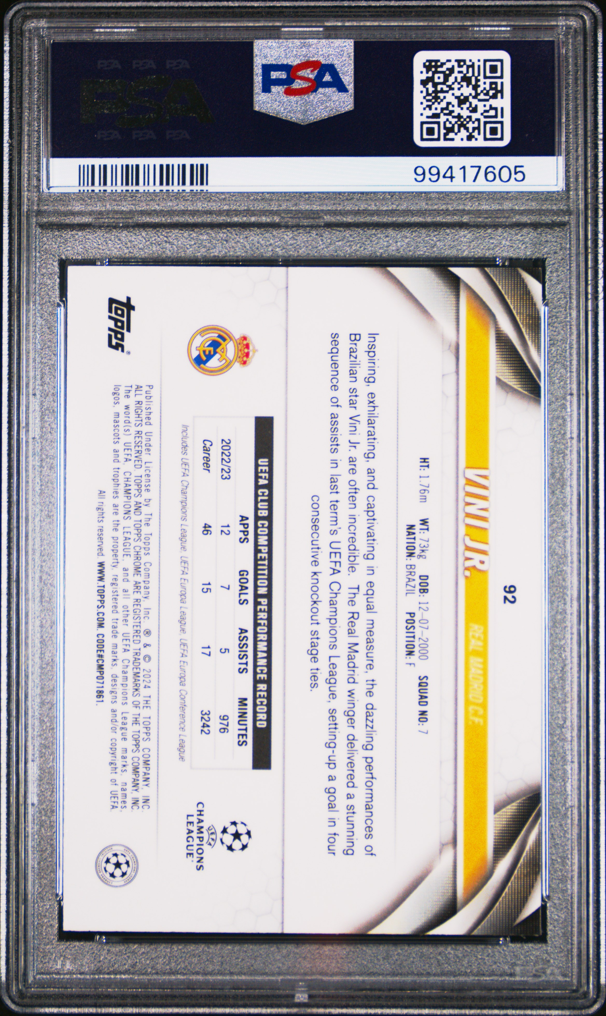 2023-24 Topps Chrome Uefa Club Competitions Vini Jr. #92 (Color Match) Mint 9 back