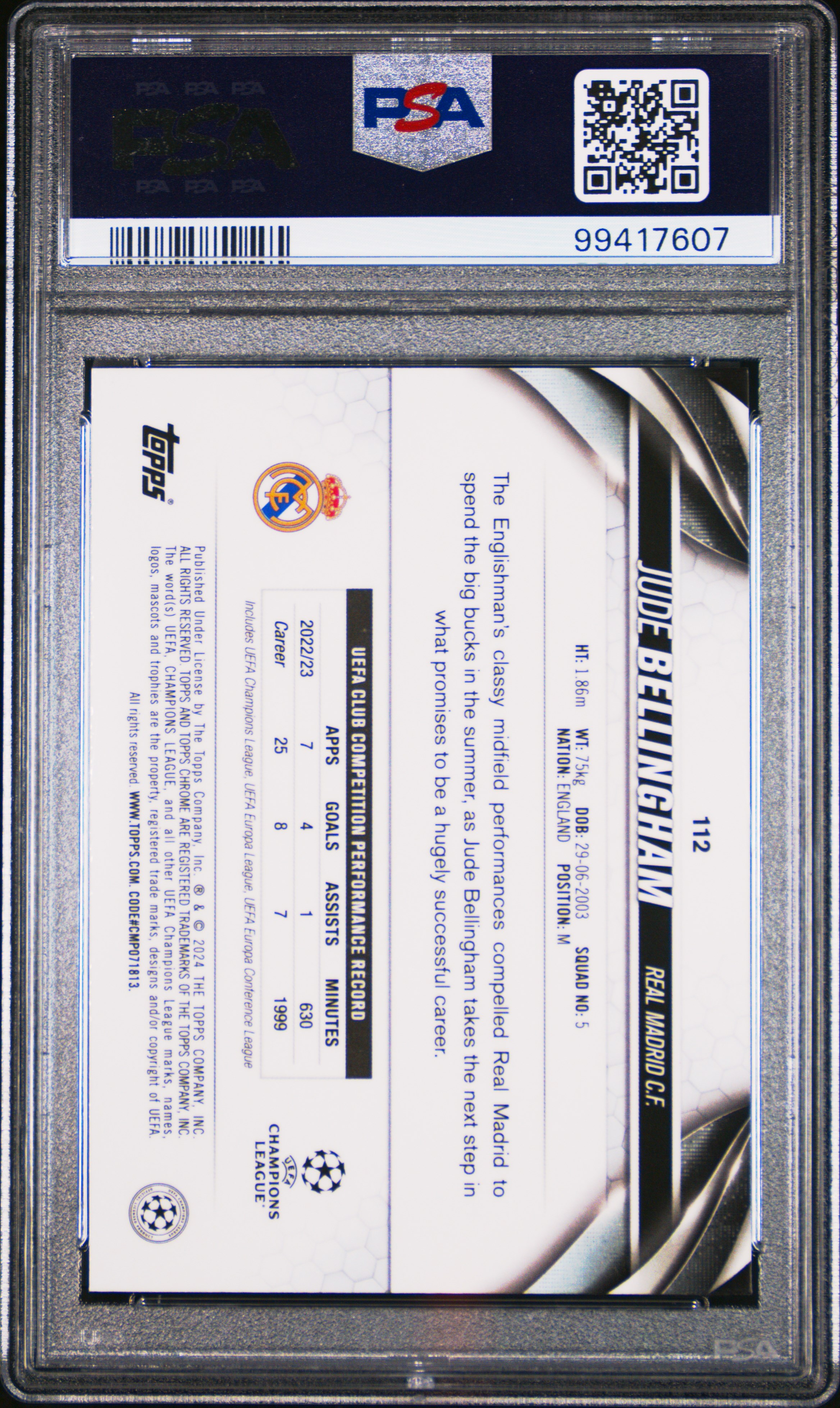 2023-24 Topps Chrome Uefa Club Competitions Jude Bellingham #112 (Night Vision Ray Wave) Nm-Mt 8 back