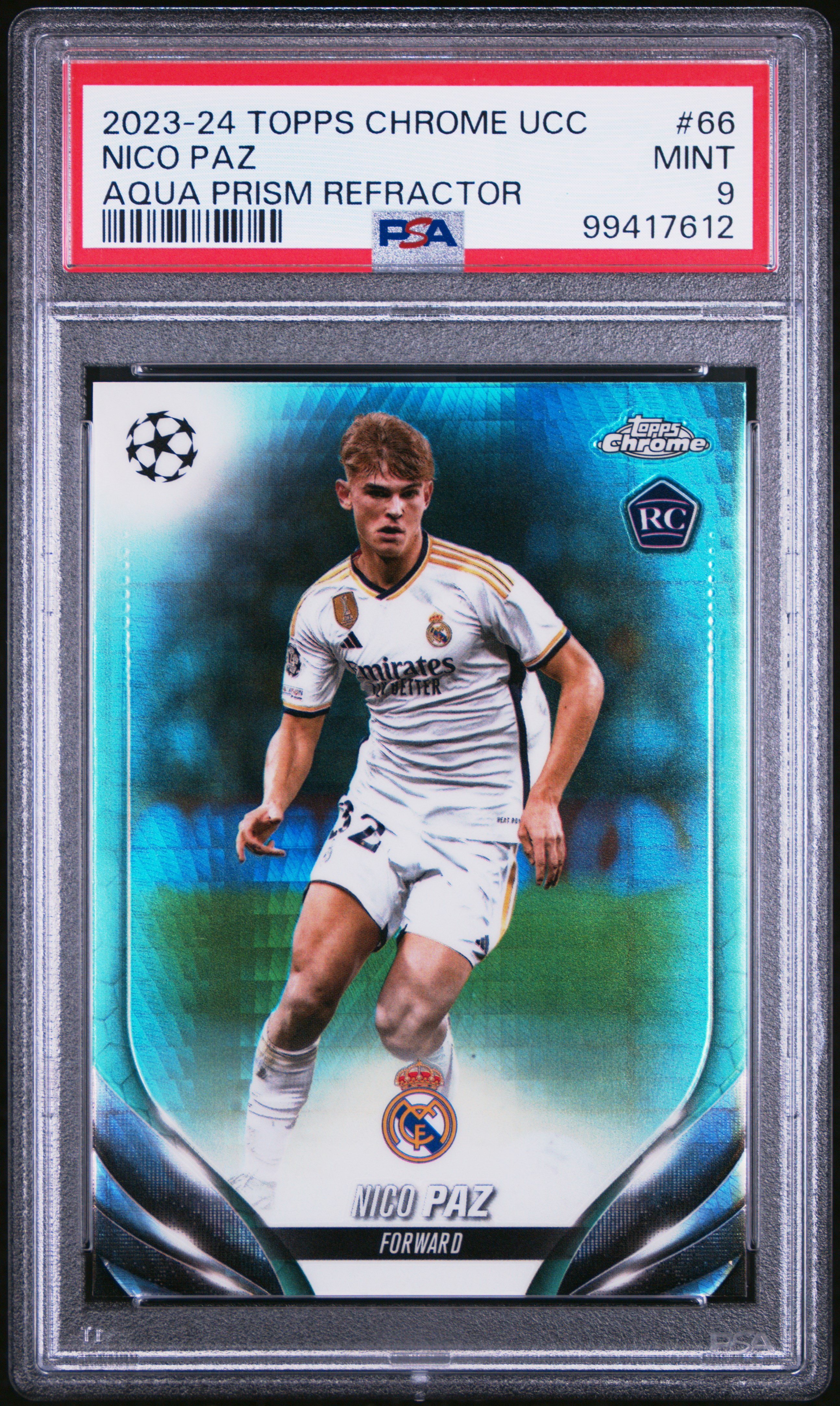2023-24 Topps Chrome Uefa Club Competitions Nico Paz #66 (Aqua Prism Refractor) Mint 9 front