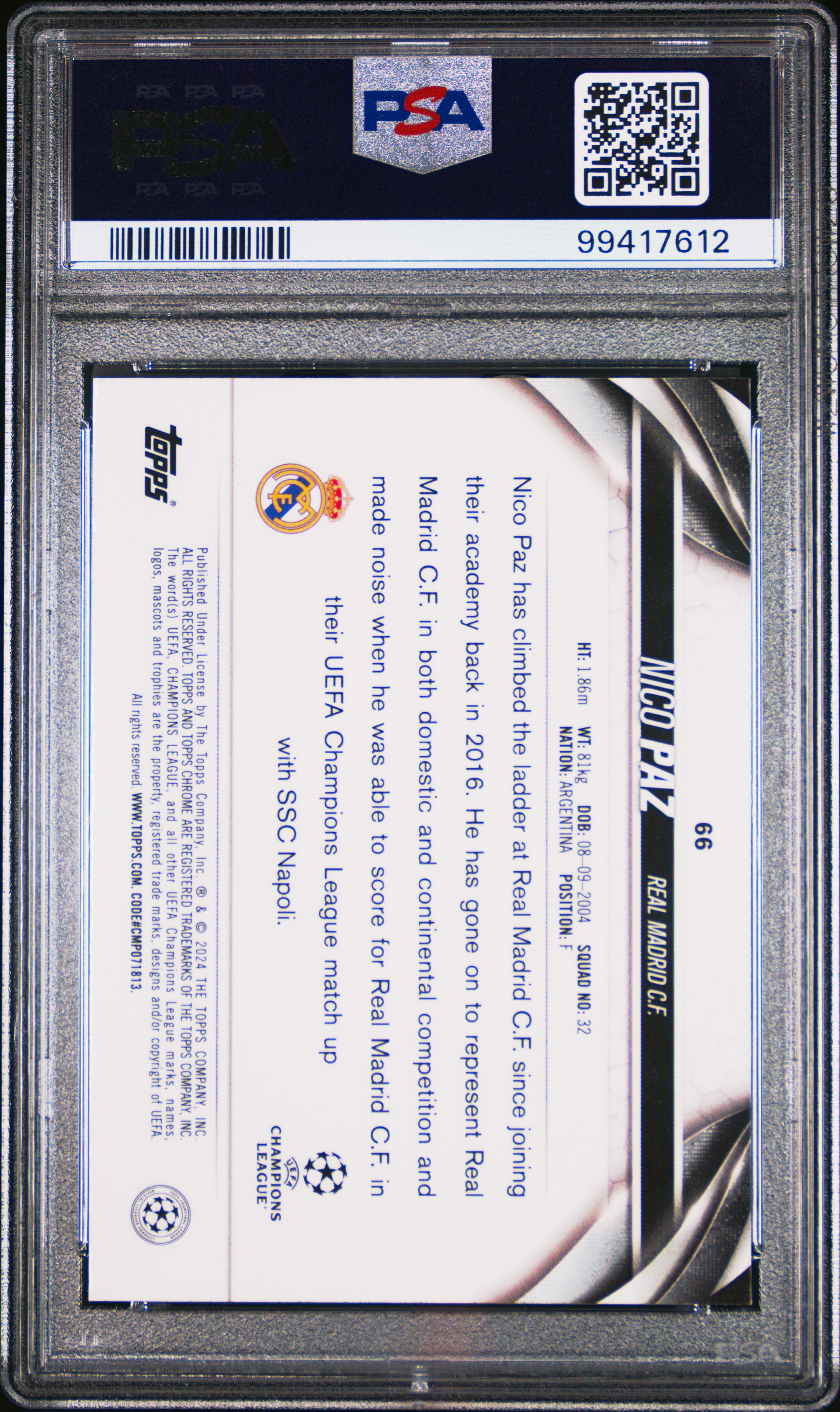 2023-24 Topps Chrome Uefa Club Competitions Nico Paz #66 (Aqua Prism Refractor) Mint 9 back