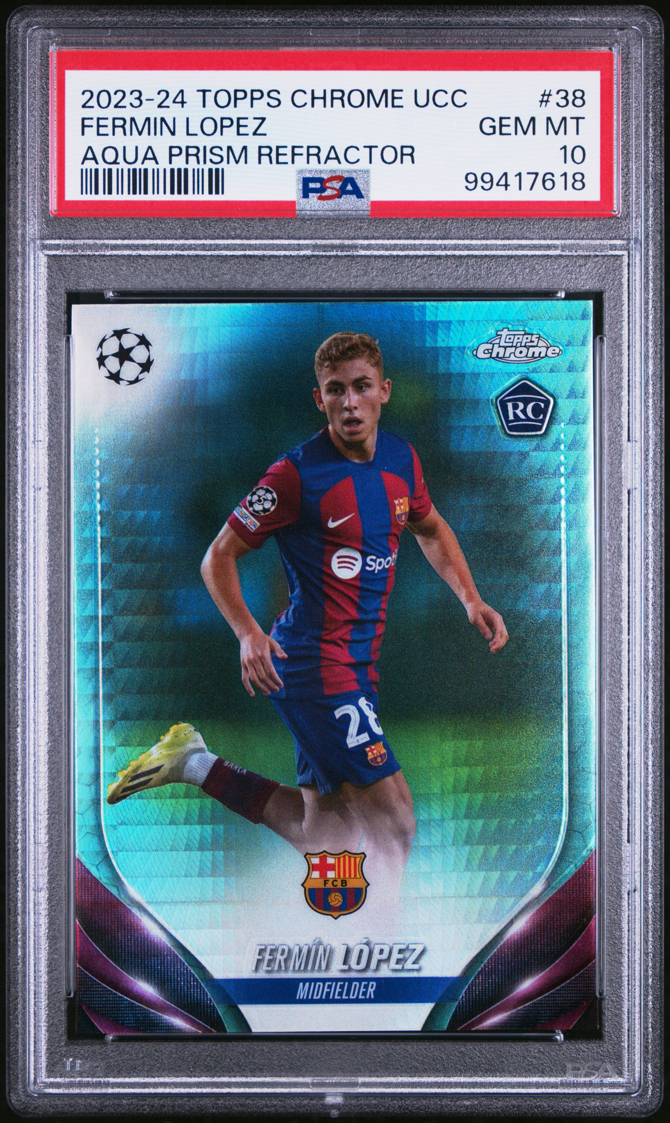 2023-24 Topps Chrome Uefa Club Competitions Fermin Lopez #38 (Aqua Prism Refractor) Gem Mt 10 front