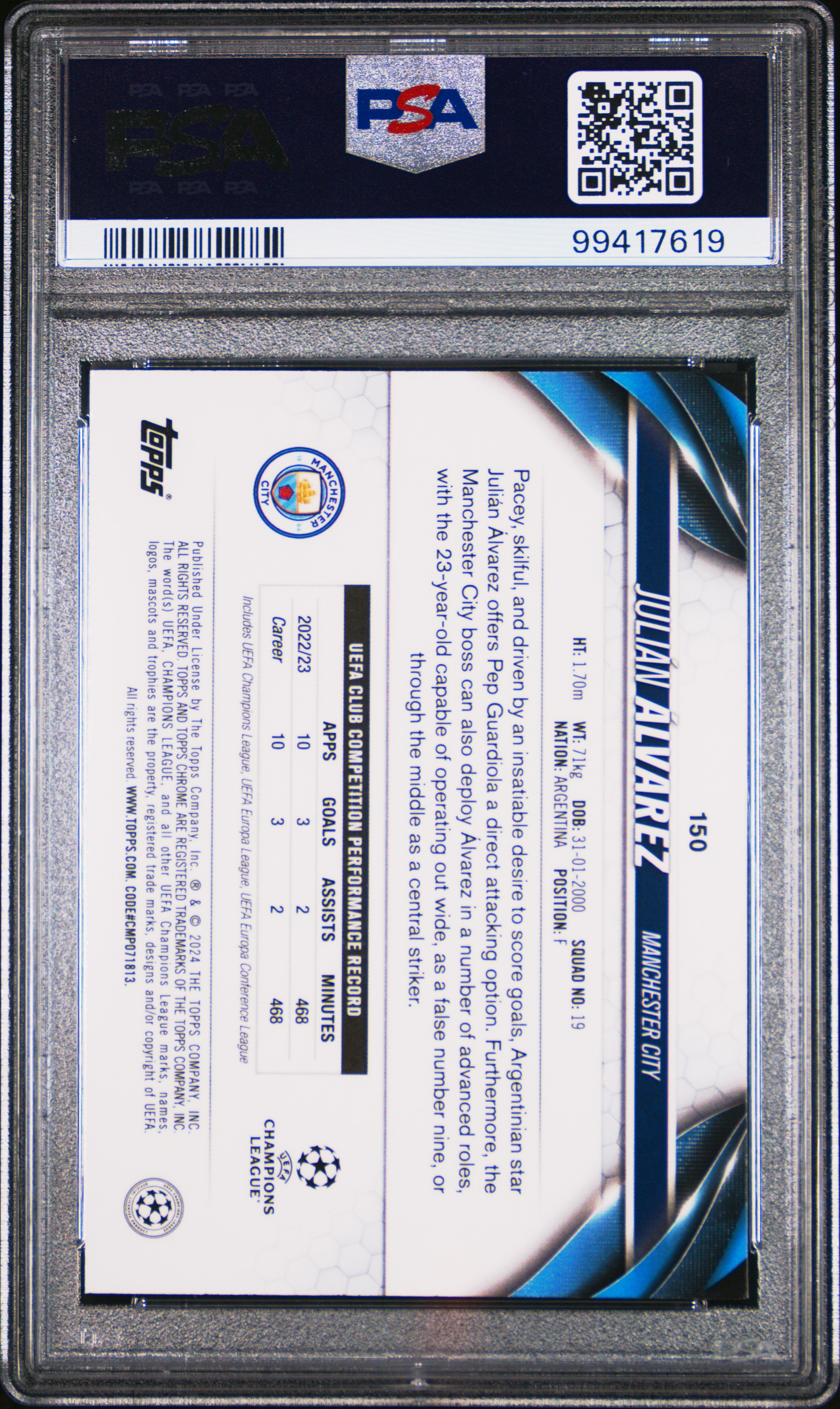 2023-24 Topps Chrome Uefa Club Competitions Julian Alvarez #150 (Violet Speckle Refractor) Gem Mt 10 back