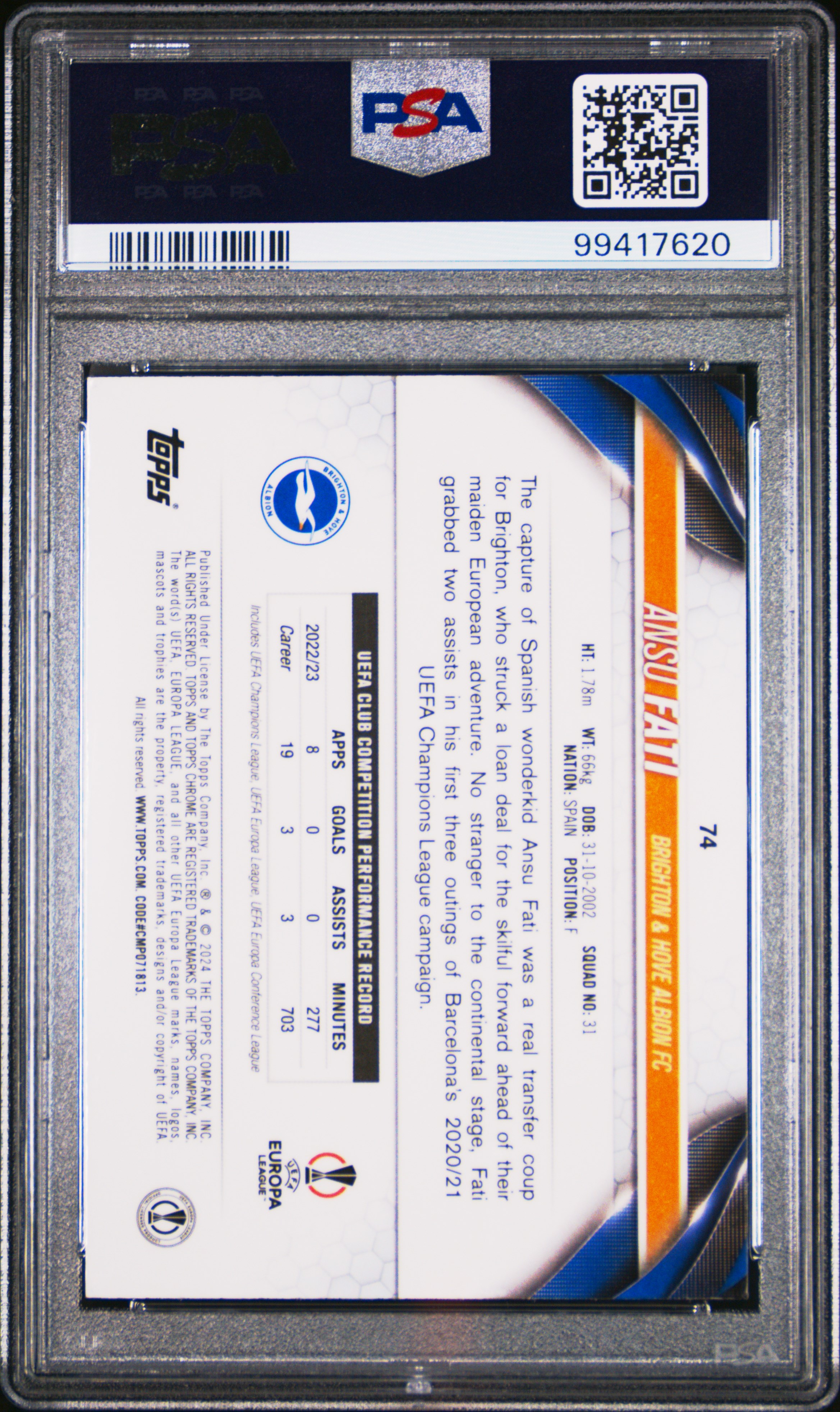 2023-24 Topps Chrome Uefa Club Competitions Ansu Fati #74 (Neon Green Wave) Mint 9 back