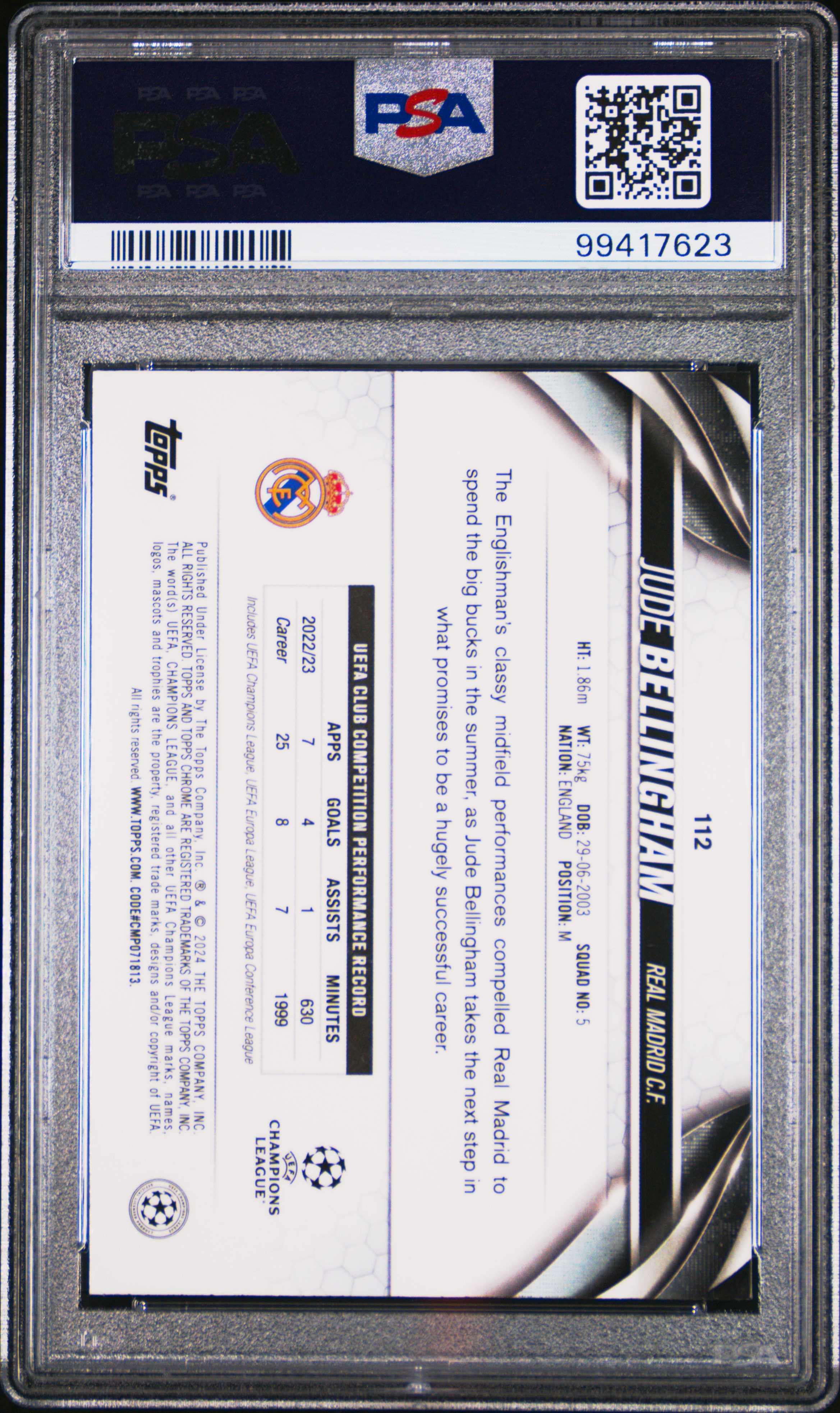 2023-24 Topps Chrome Uefa Club Competitions Jude Bellingham #112 (Violet Speckle Refractor) Gem Mt 10 back