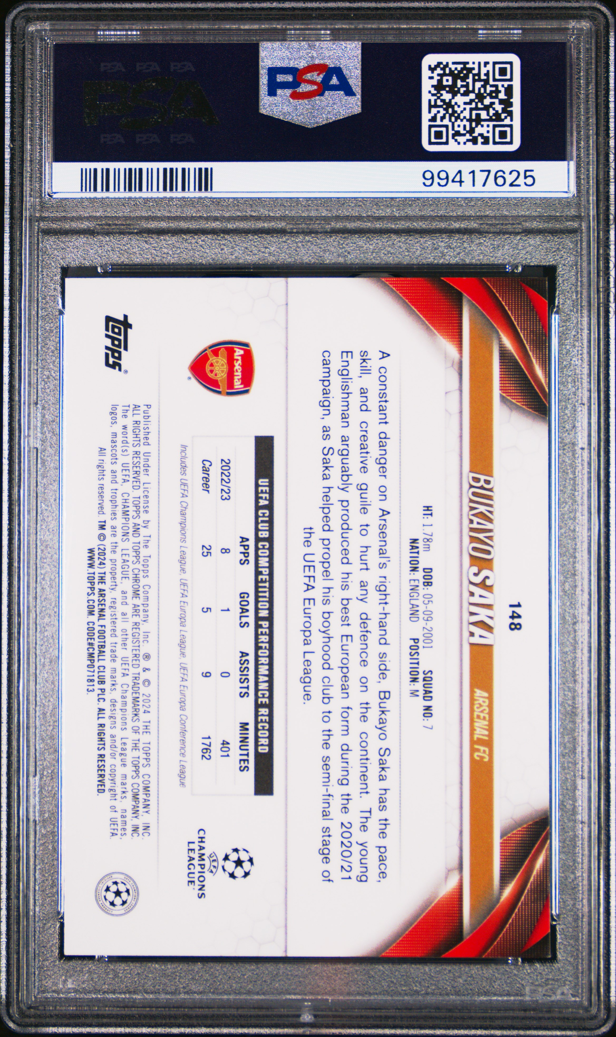 2023-24 Topps Chrome Uefa Club Competitions Bukayo Saka #148 (Blue Shimmer) Mint 9 back