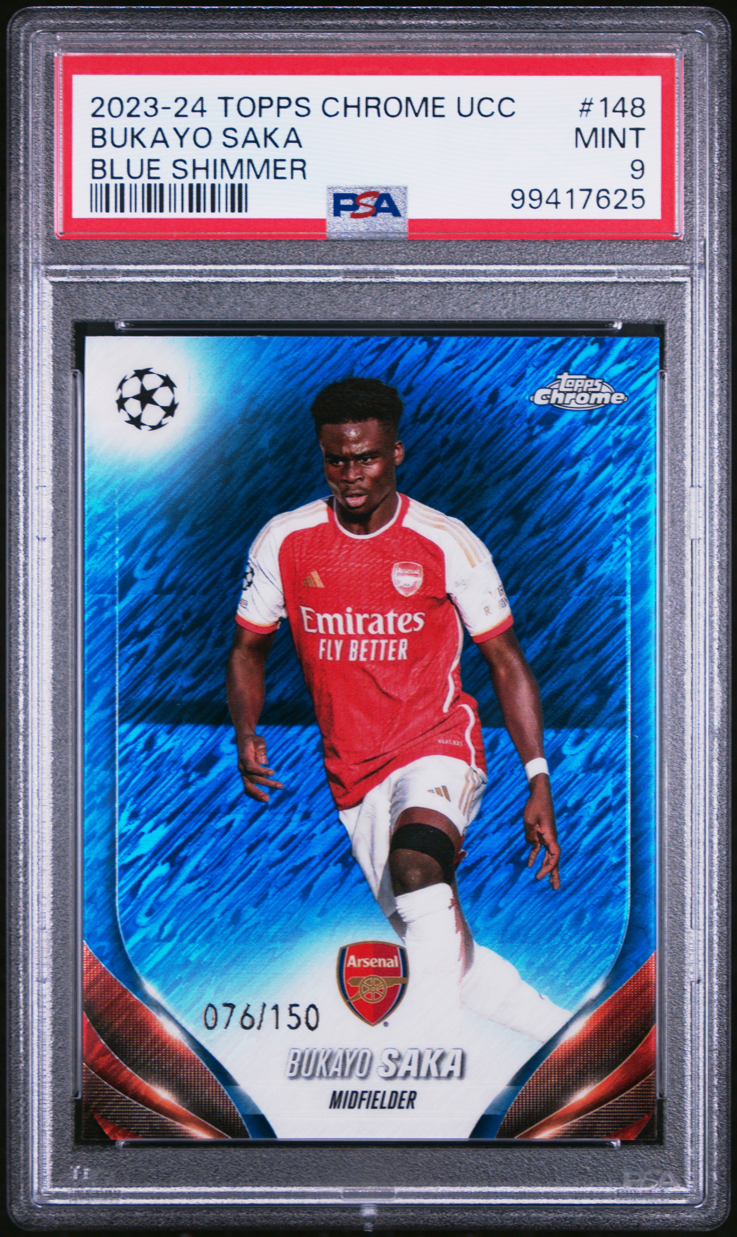 2023-24 Topps Chrome Uefa Club Competitions Bukayo Saka #148 (Blue Shimmer) Mint 9 front