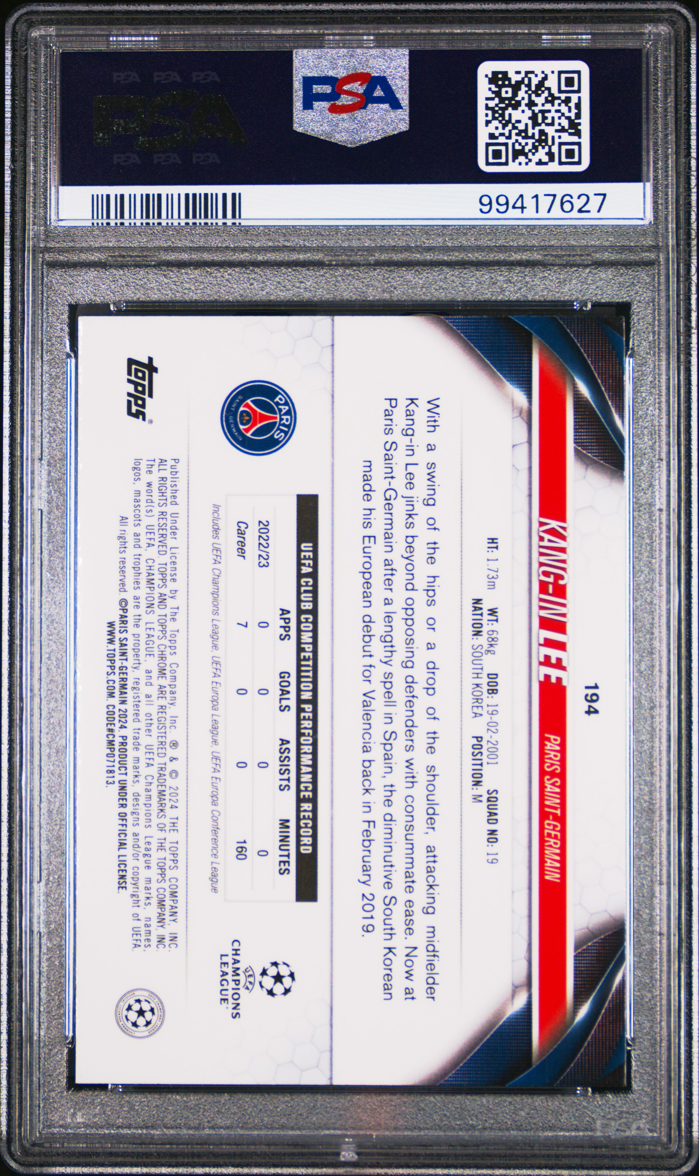 2023-24 Topps Chrome Uefa Club Competitions Kang-In Lee #194 (Orange Refractor) Gem Mt 10 back