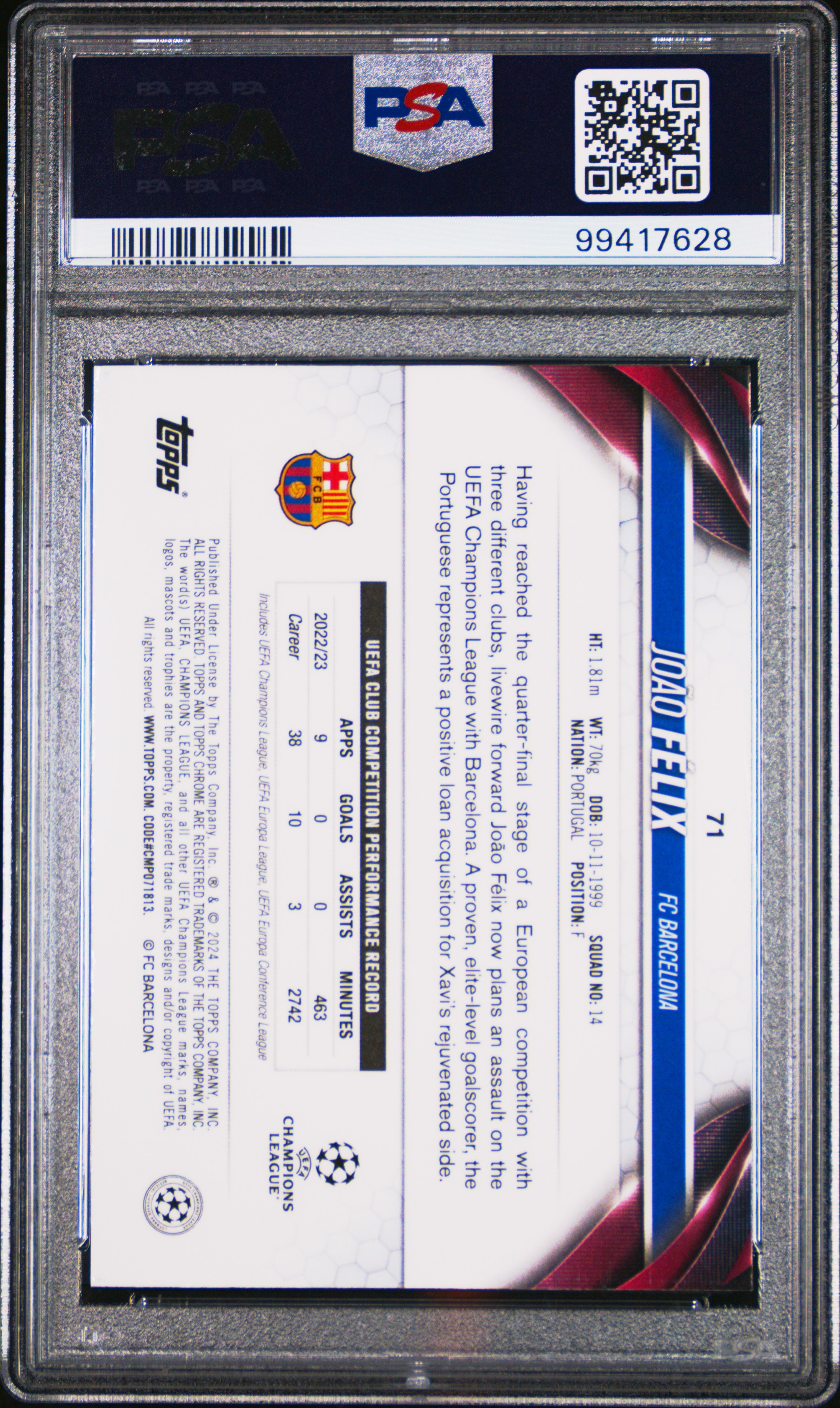 2023-24 Topps Chrome Uefa Club Competitions Joao Felix #71 (Magenta Prism Refractor) Mint 9 back