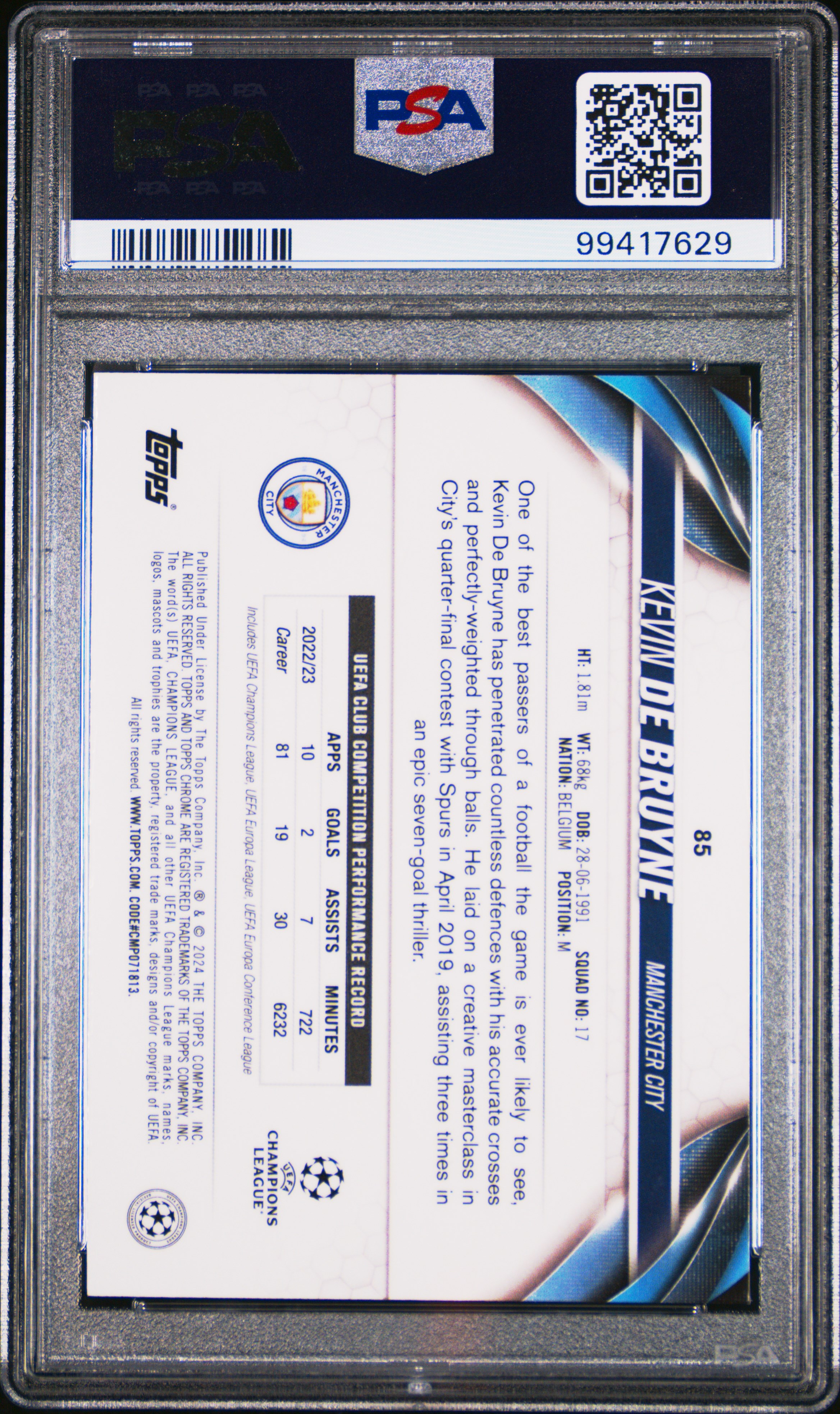 2023-24 Topps Chrome Uefa Club Competitions Kevin De Bruyne #85 (Blue Shimmer) Gem Mt 10 back