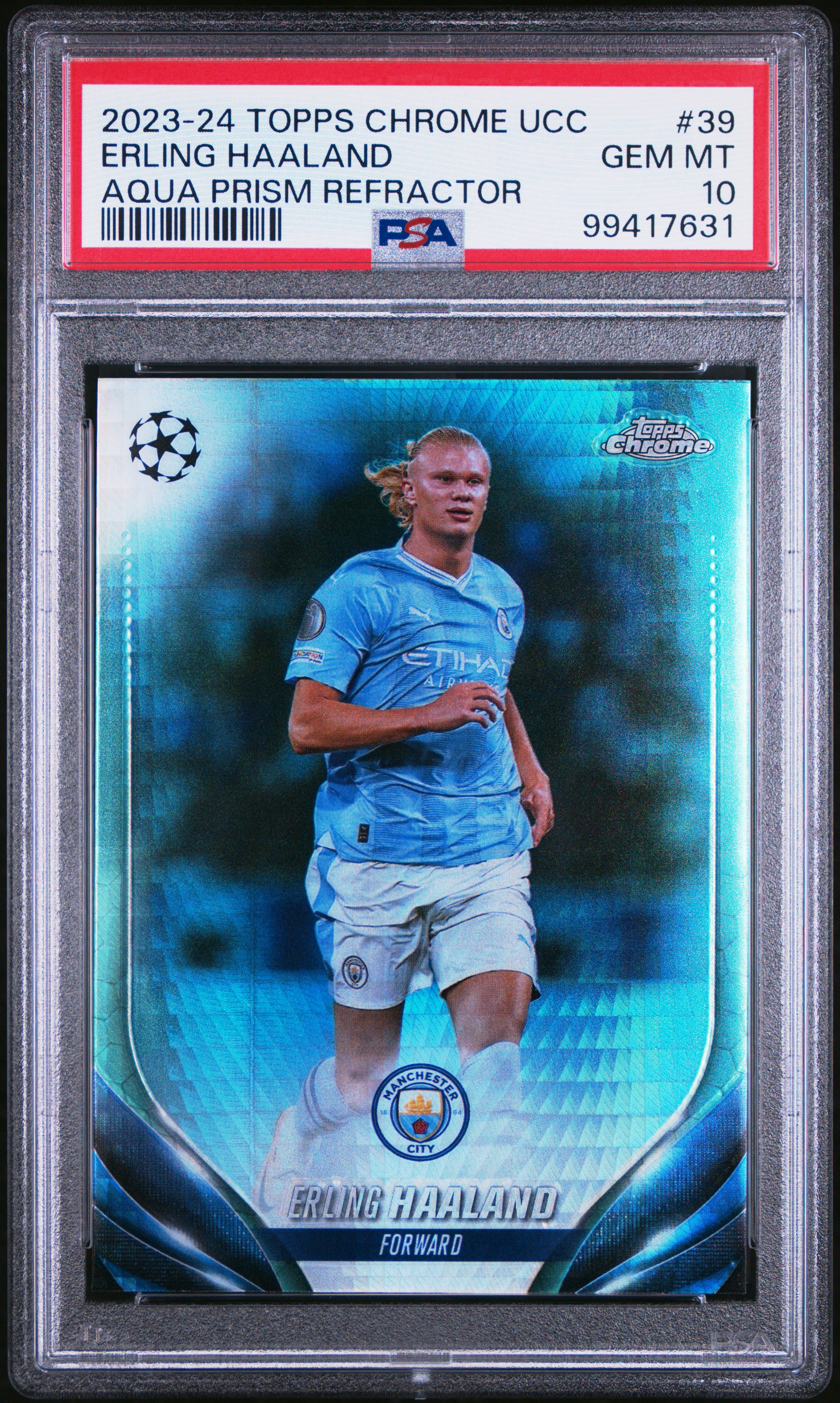 2023-24 Topps Chrome Uefa Club Competitions Erling Haaland #39 (Aqua Prism Refractor) Gem Mt 10 front