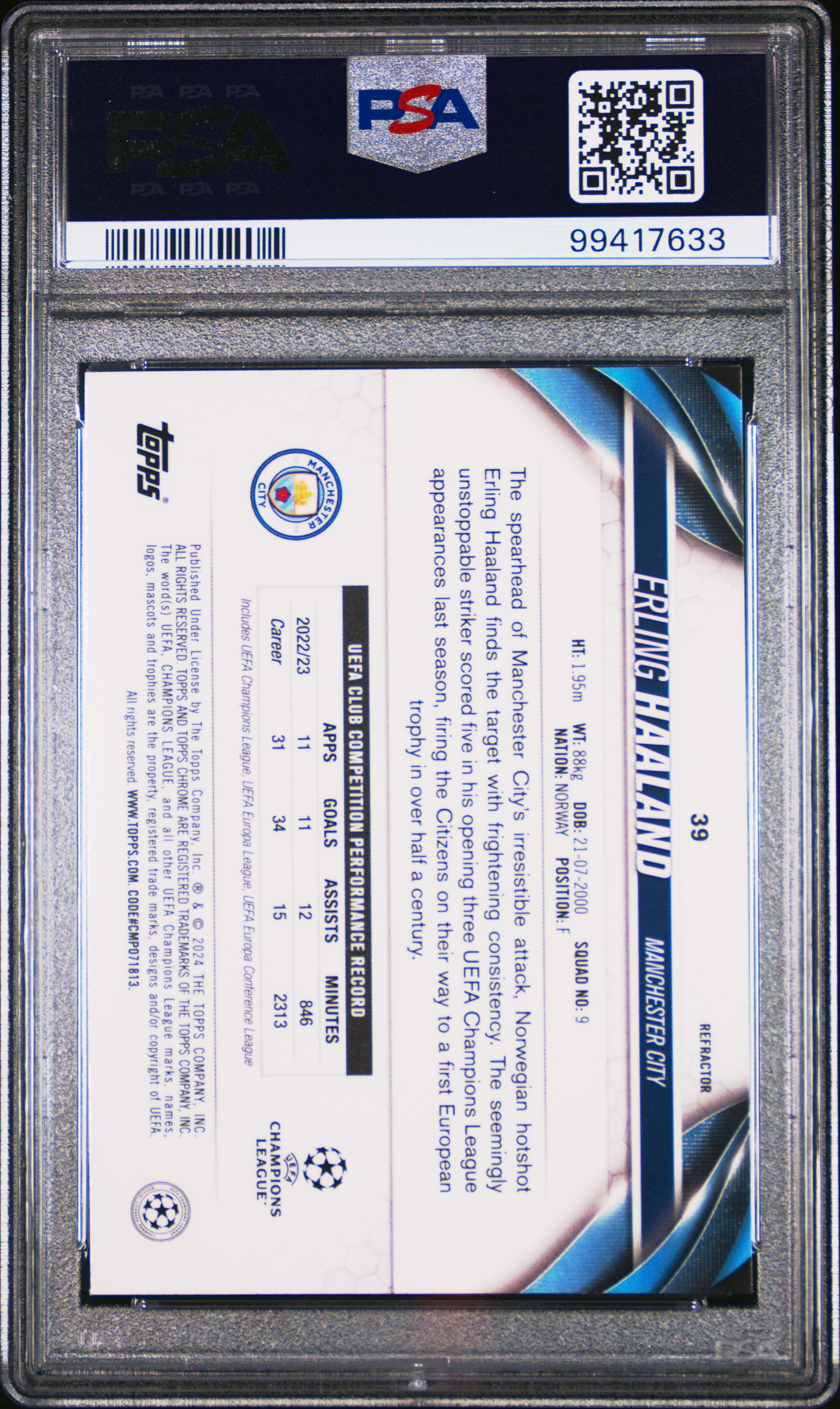 2023-24 Topps Chrome Uefa Club Competitions Erling Haaland #39 (Refractor) Ex-Mt 6 back