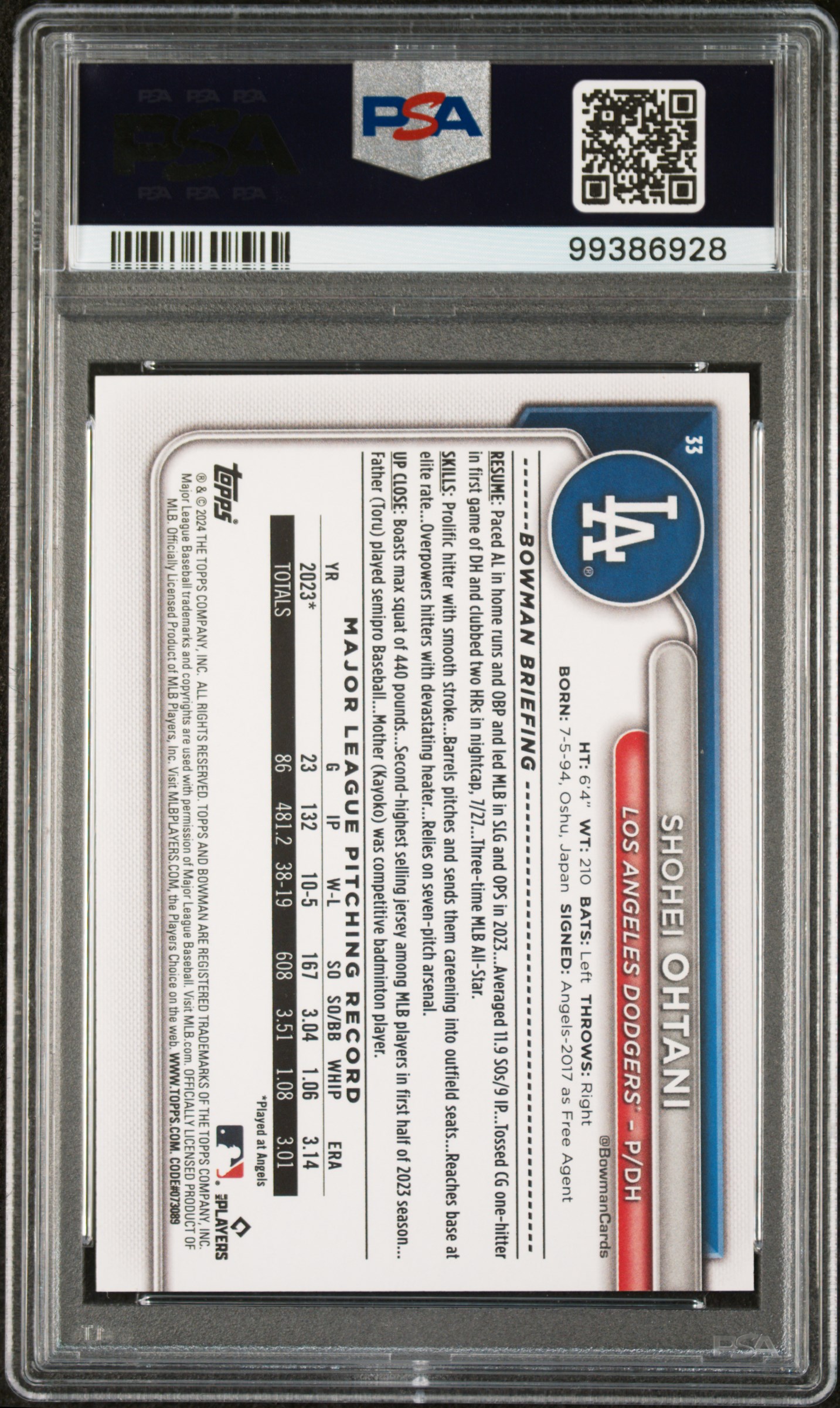 2024 Bowman Shohei Ohtani #33 Gem Mt 10 back