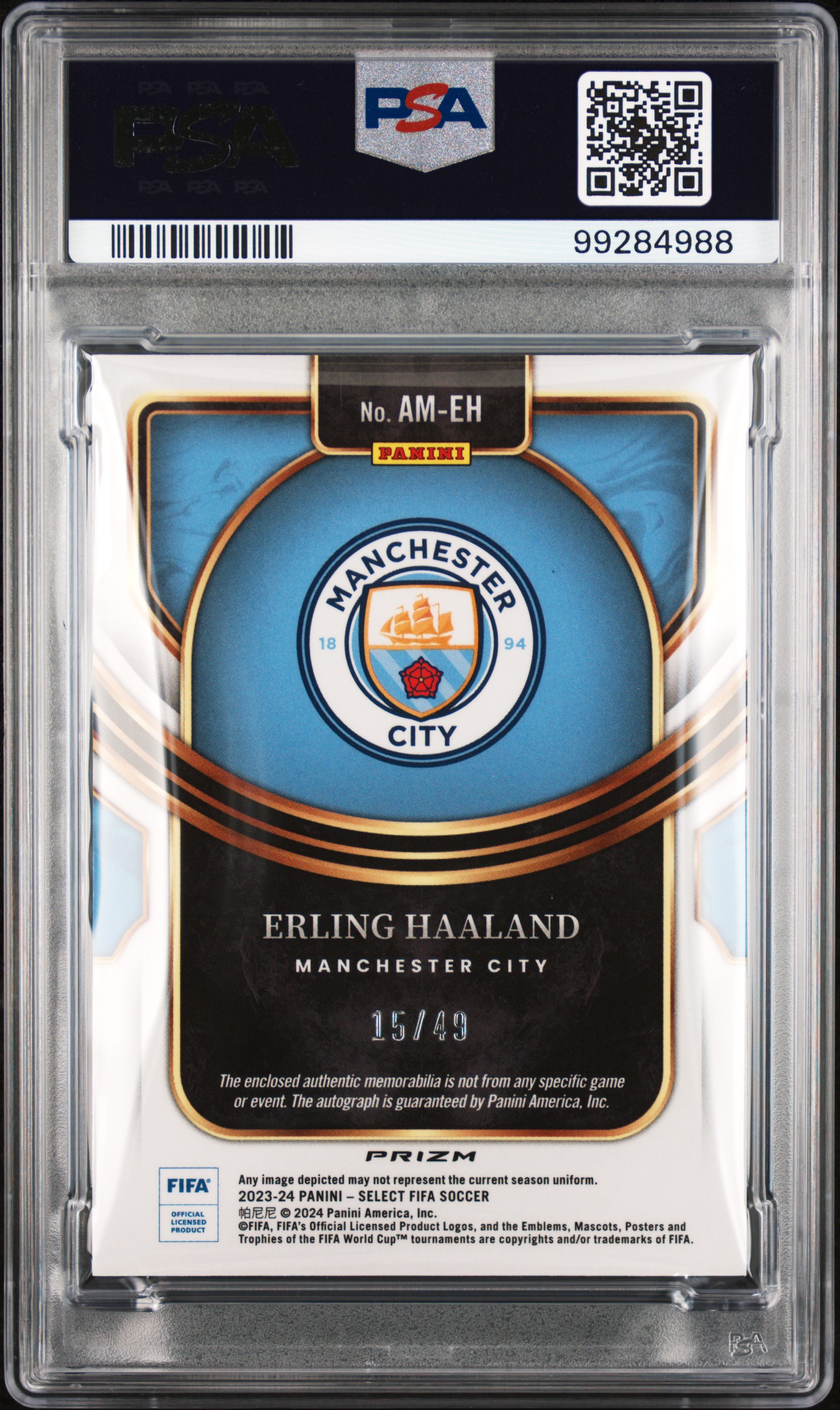 2023-24 Panini Select Fifa Autographed Memorabilia Erling Haaland #Ameh (Autographed Mem-Purple) Mint 9 back