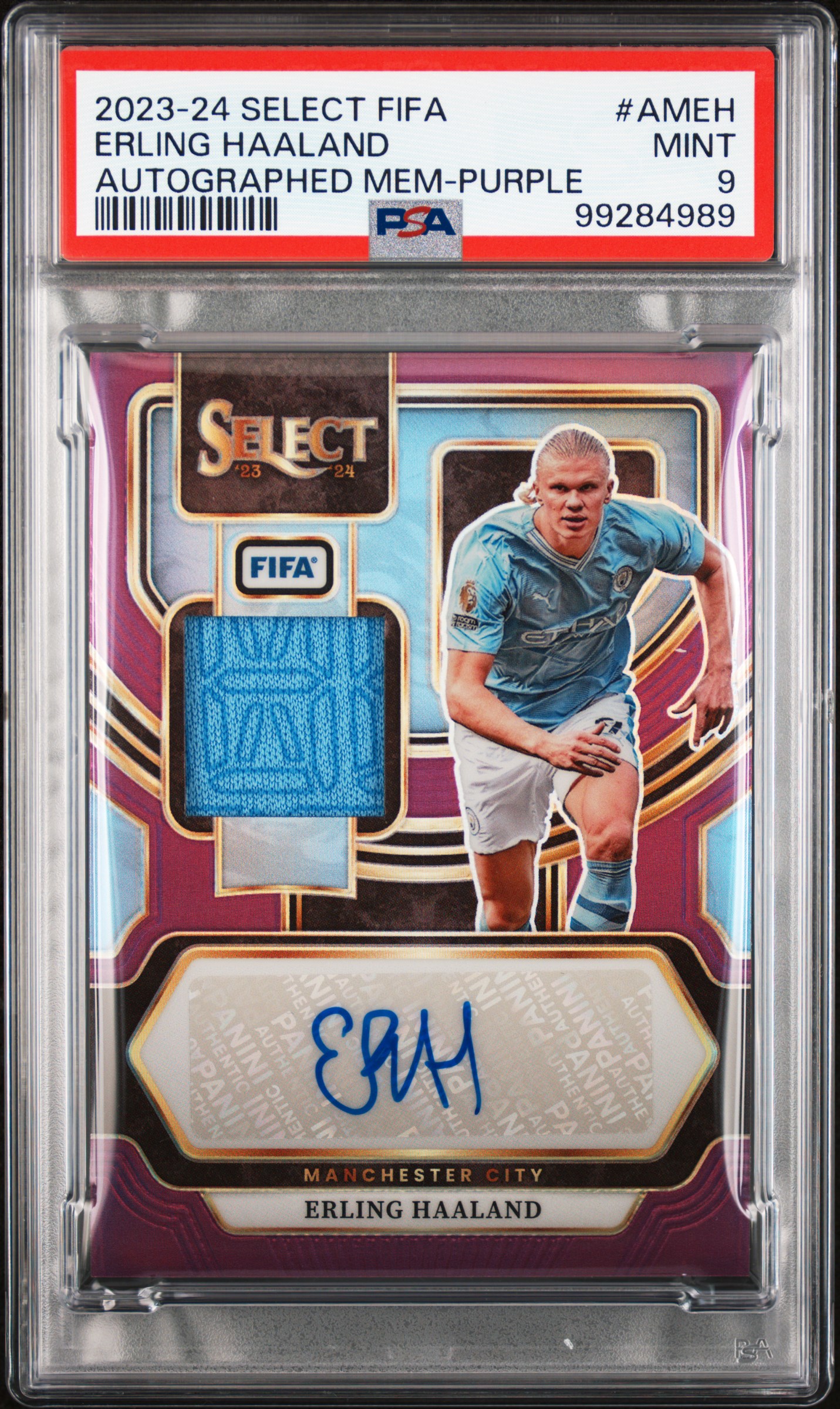 2023-24 Panini Select Fifa Autographed Memorabilia Erling Haaland #Ameh (Autographed Mem-Purple) Mint 9 front