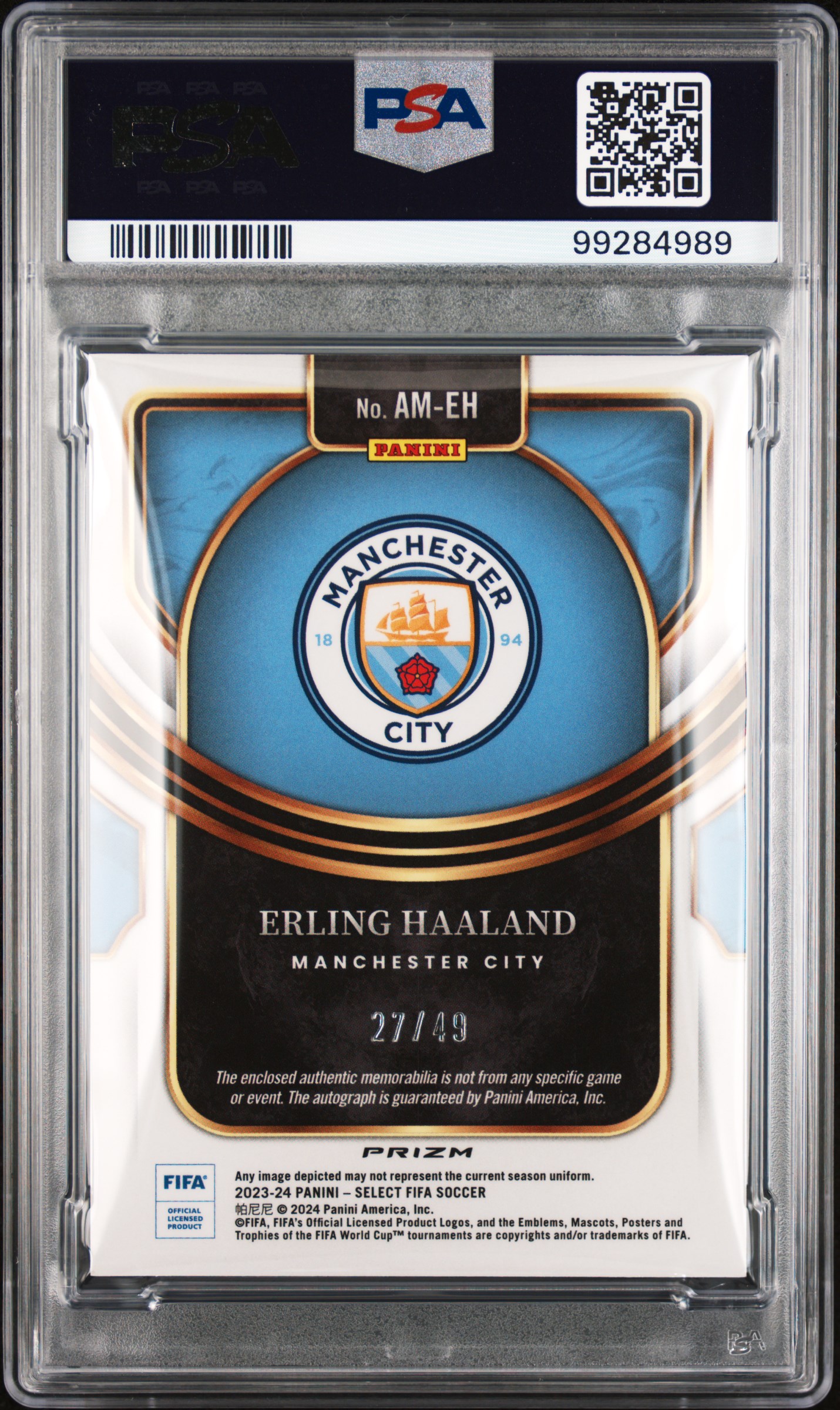 2023-24 Panini Select Fifa Autographed Memorabilia Erling Haaland #Ameh (Autographed Mem-Purple) Mint 9 back