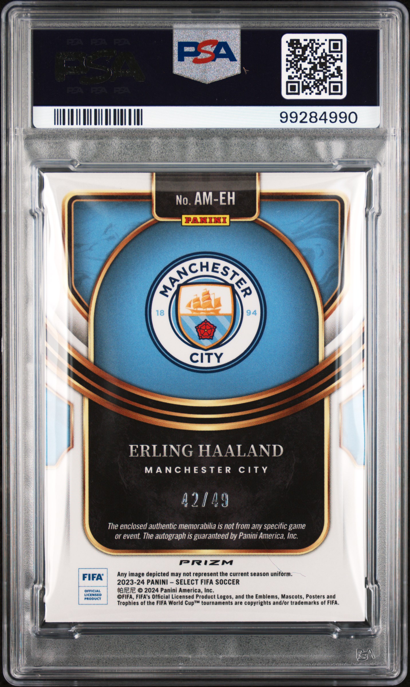 2023-24 Panini Select Fifa Autographed Memorabilia Erling Haaland #Ameh (Autographed Mem-Purple) Mint 9 back