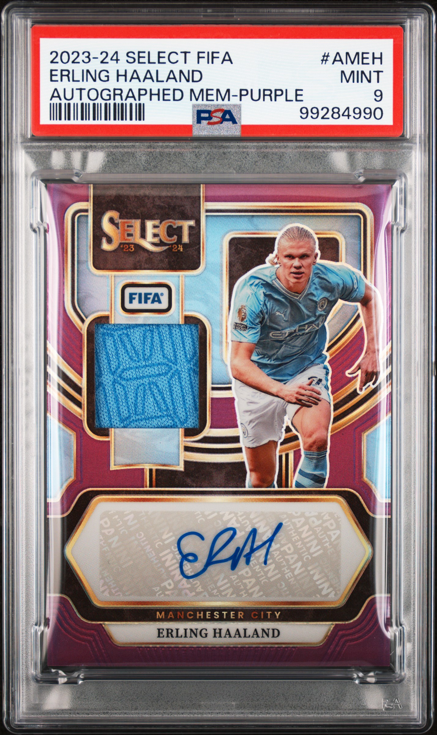2023-24 Panini Select Fifa Autographed Memorabilia Erling Haaland #Ameh (Autographed Mem-Purple) Mint 9 front