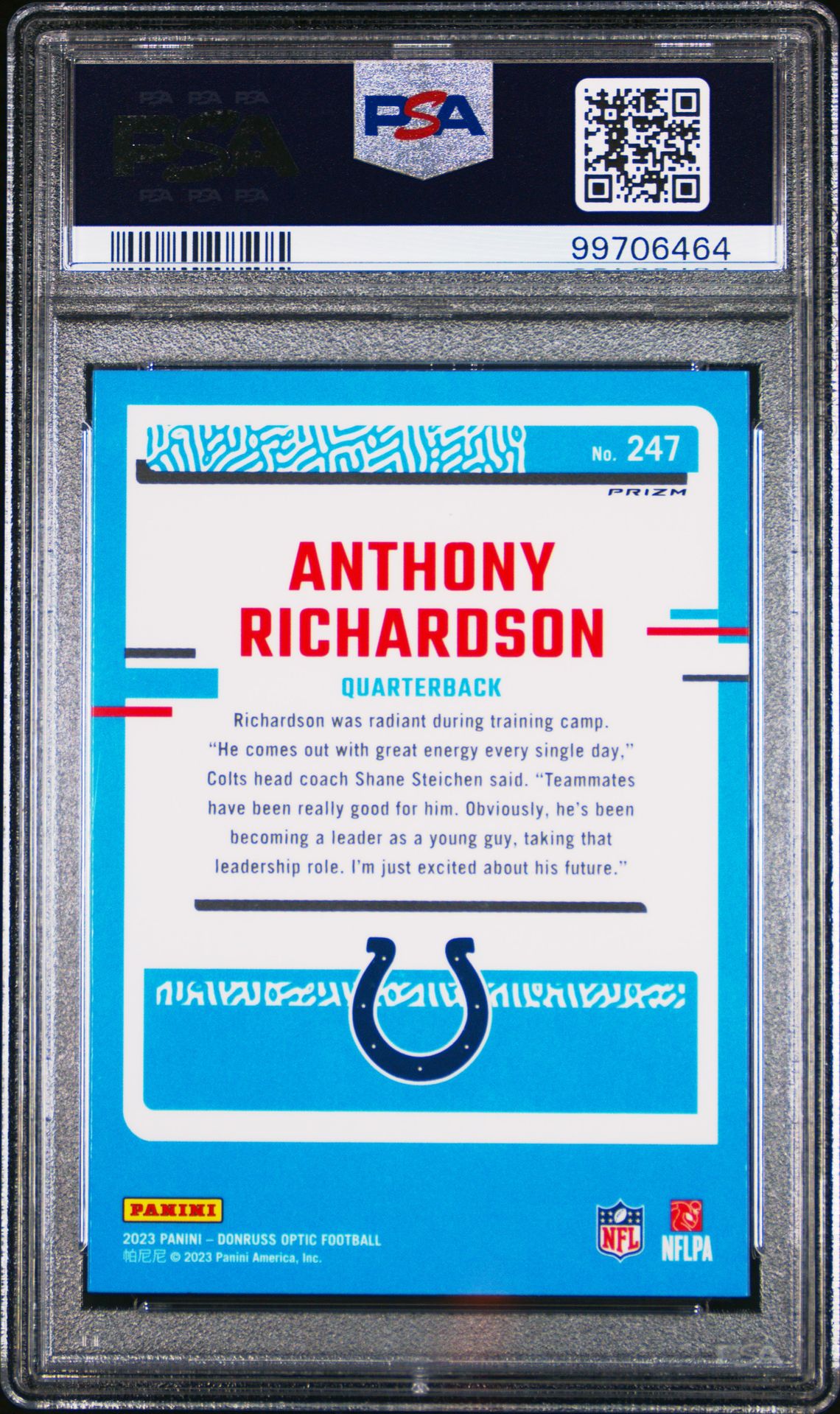 2023 Panini Donruss Optic Anthony Richardson #247 (Holo) Gem Mt 10 back view - PSA certificate #99706464