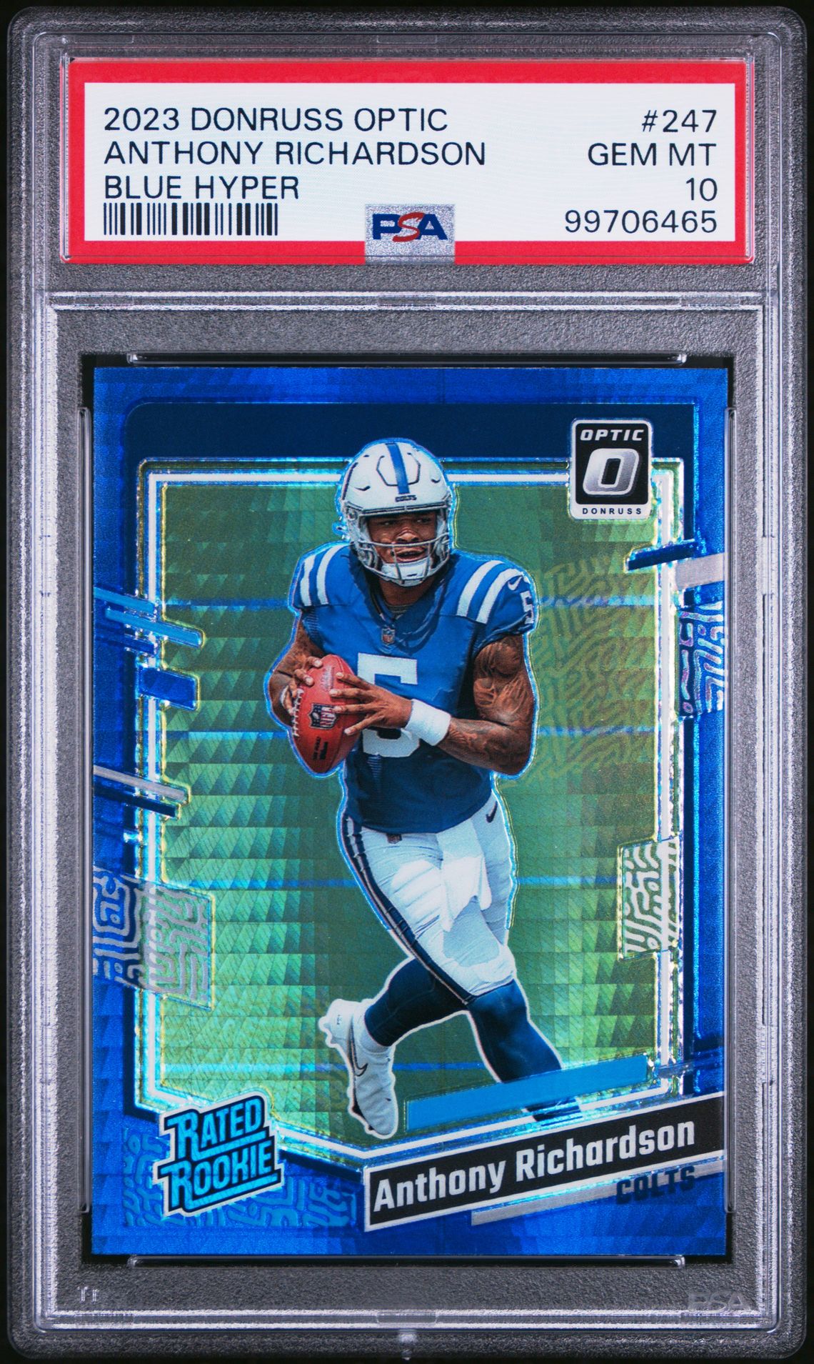 2023 Panini Donruss Optic Anthony Richardson #247 (Blue Hyper) Gem Mt 10 front view - PSA graded GEM MT 10