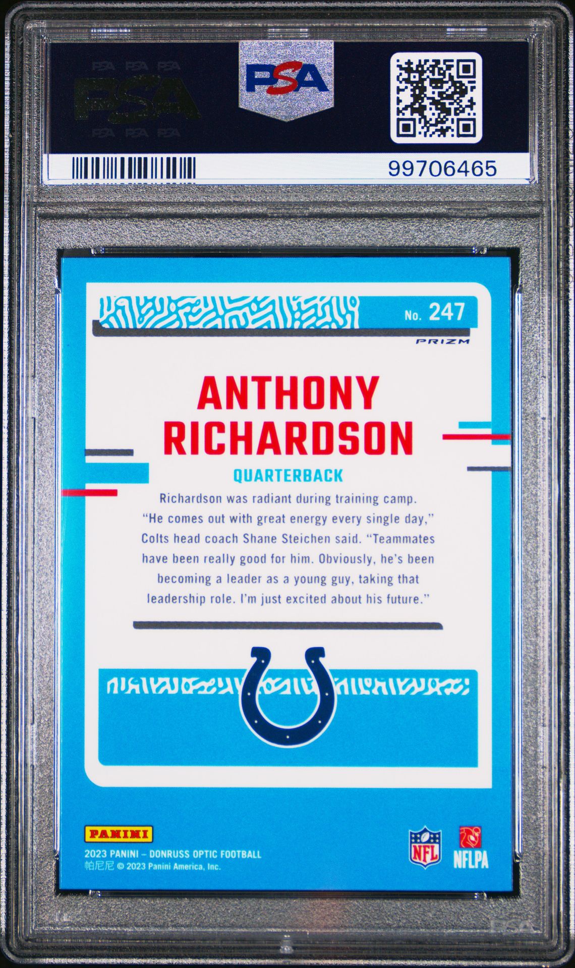 2023 Panini Donruss Optic Anthony Richardson #247 (Blue Hyper) Gem Mt 10 back view - PSA certificate #99706465