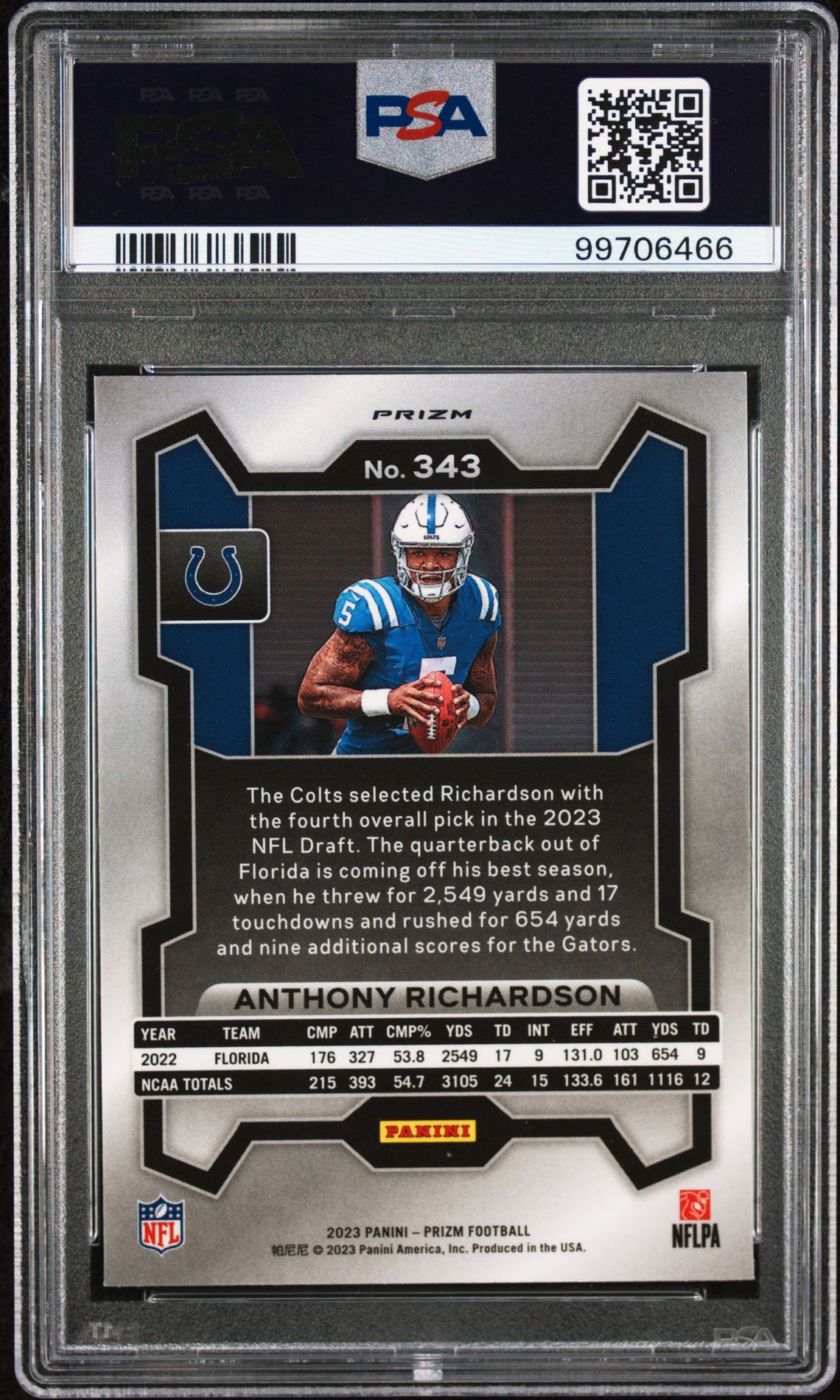 2023 Panini Prizm Anthony Richardson #343 (Silver Prizm) Mint 9 back