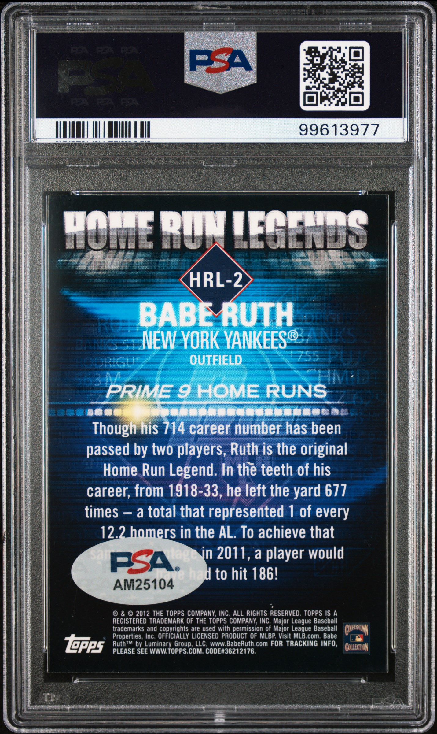 2012 Topps Prime 9 Home Run Legends Babe Ruth #Hrl-2 (Babe Ruth-Hr Legends) back