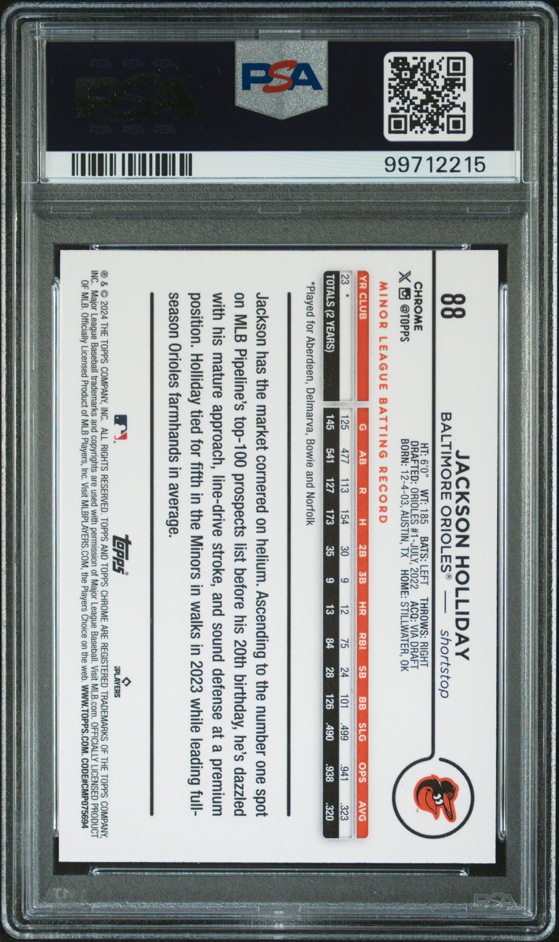 2024 Topps Chrome Jackson Holliday #88 (X-Fractor) Gem Mt 10 back