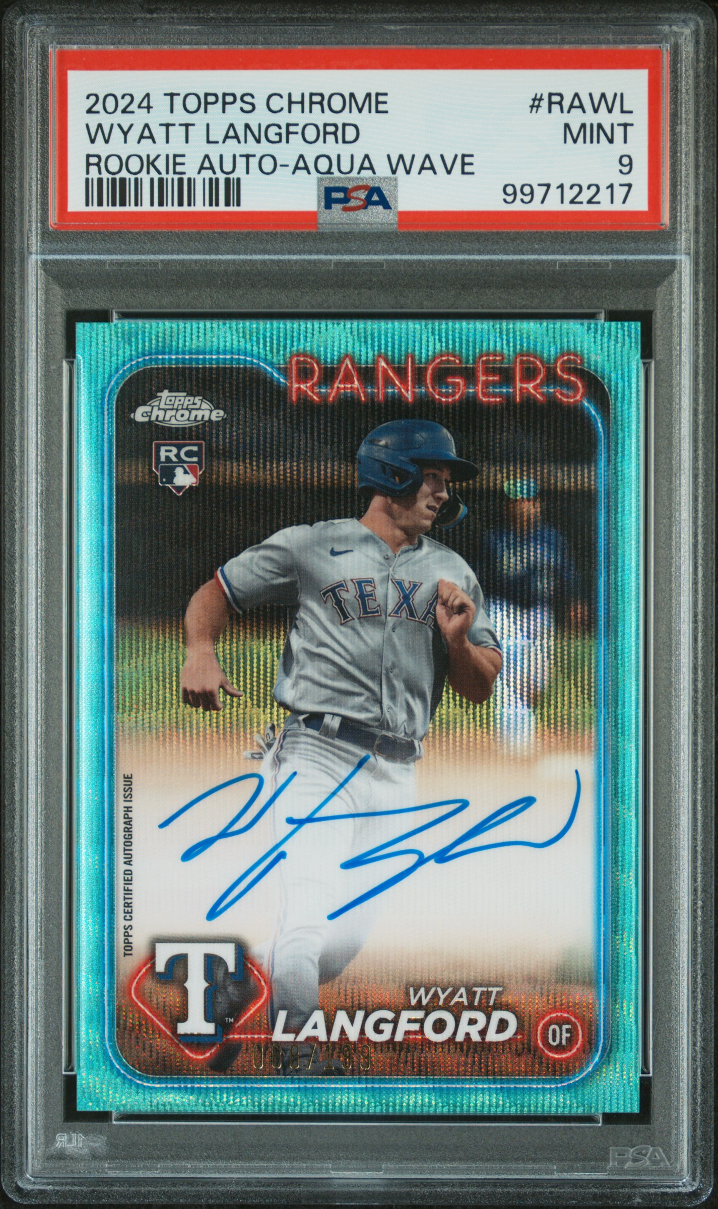 2024 Topps Chrome Rookie Autographs Wyatt Langford #Rawl (Rookie Auto-Aqua Wave) Mint 9 front