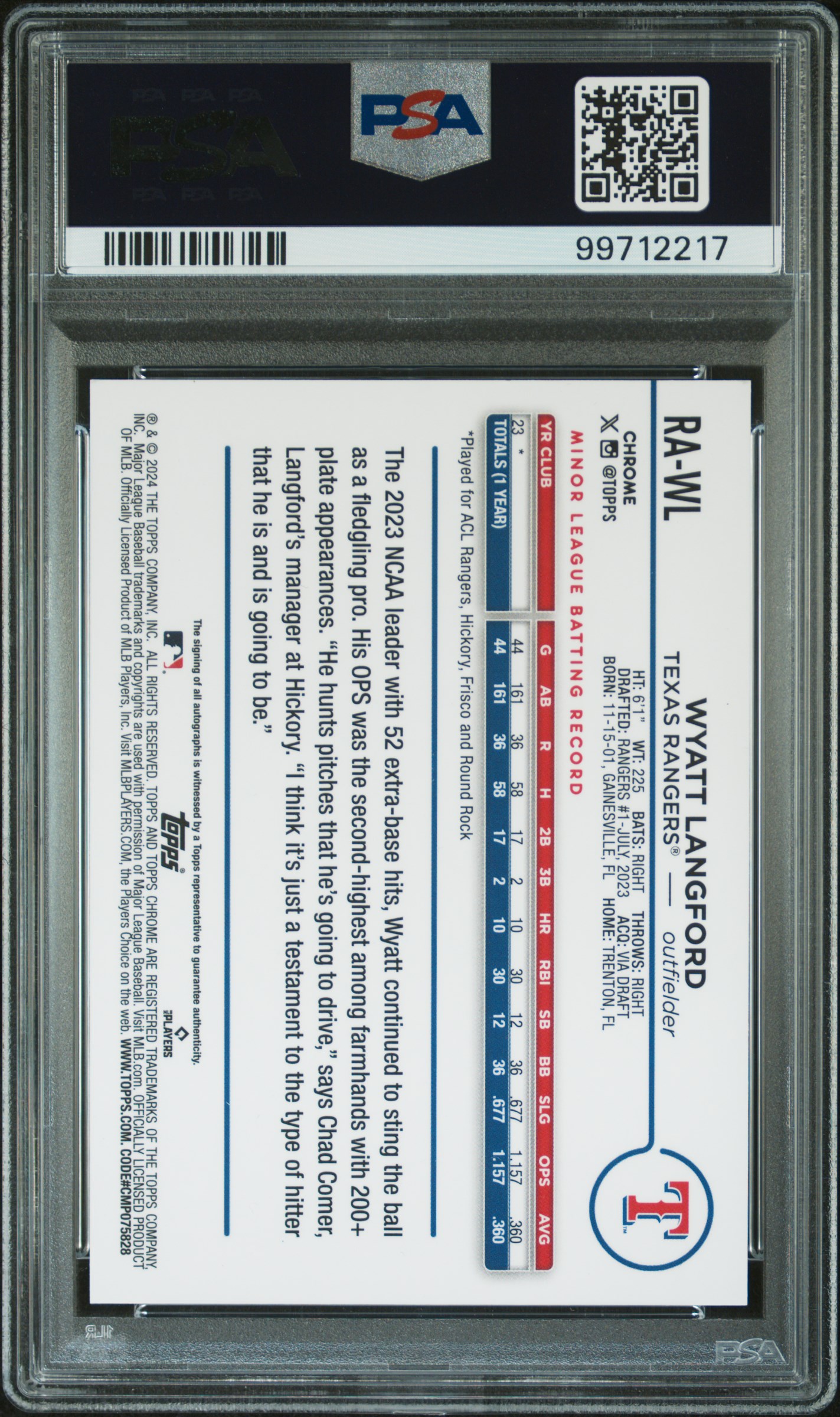 2024 Topps Chrome Rookie Autographs Wyatt Langford #Rawl (Rookie Auto-Aqua Wave) Mint 9 back