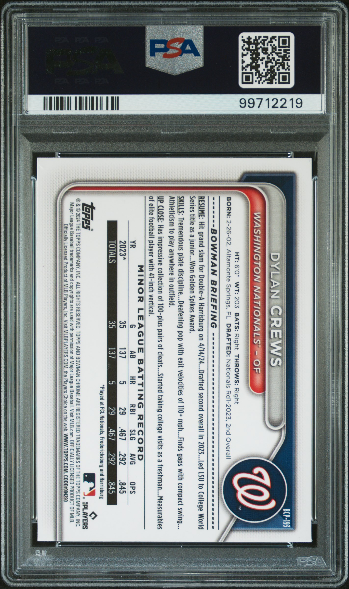 2024 Bowman Mega Box Chrome Prospects Dylan Crews #193 (Prospects-Yellow Ref) Mint 9 back