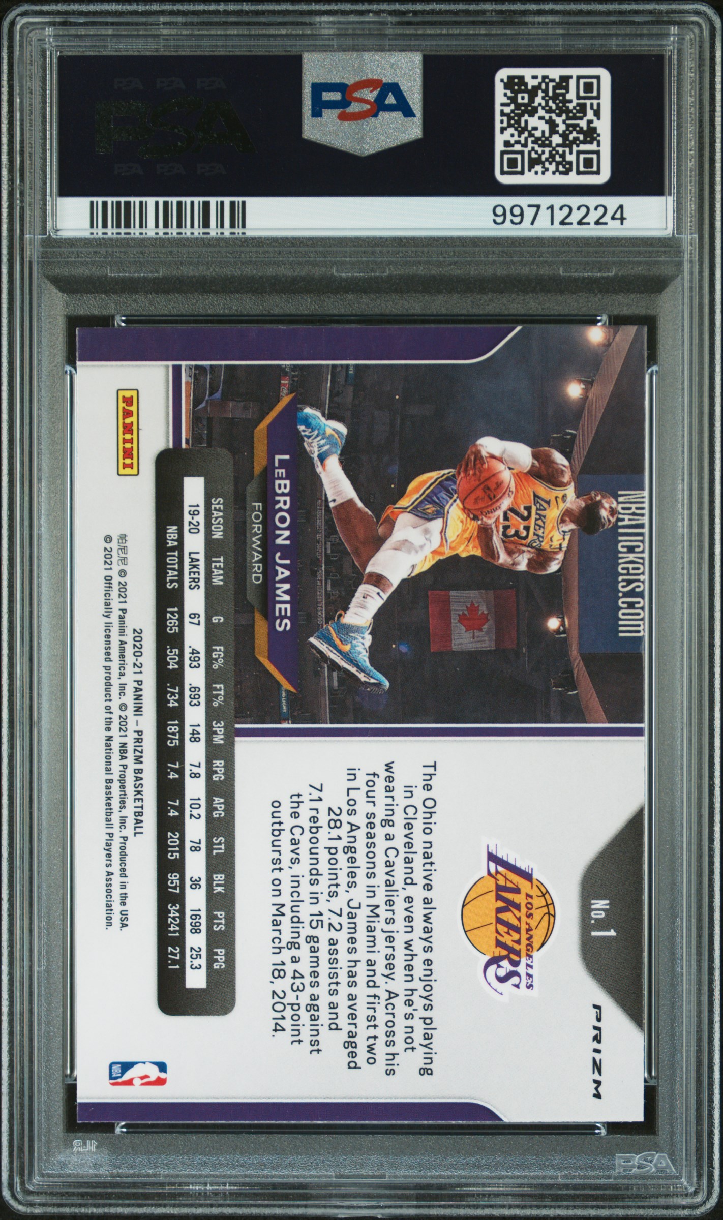 2020 Panini Prizm Lebron James #1 (Orange Ice) Mint 9 back
