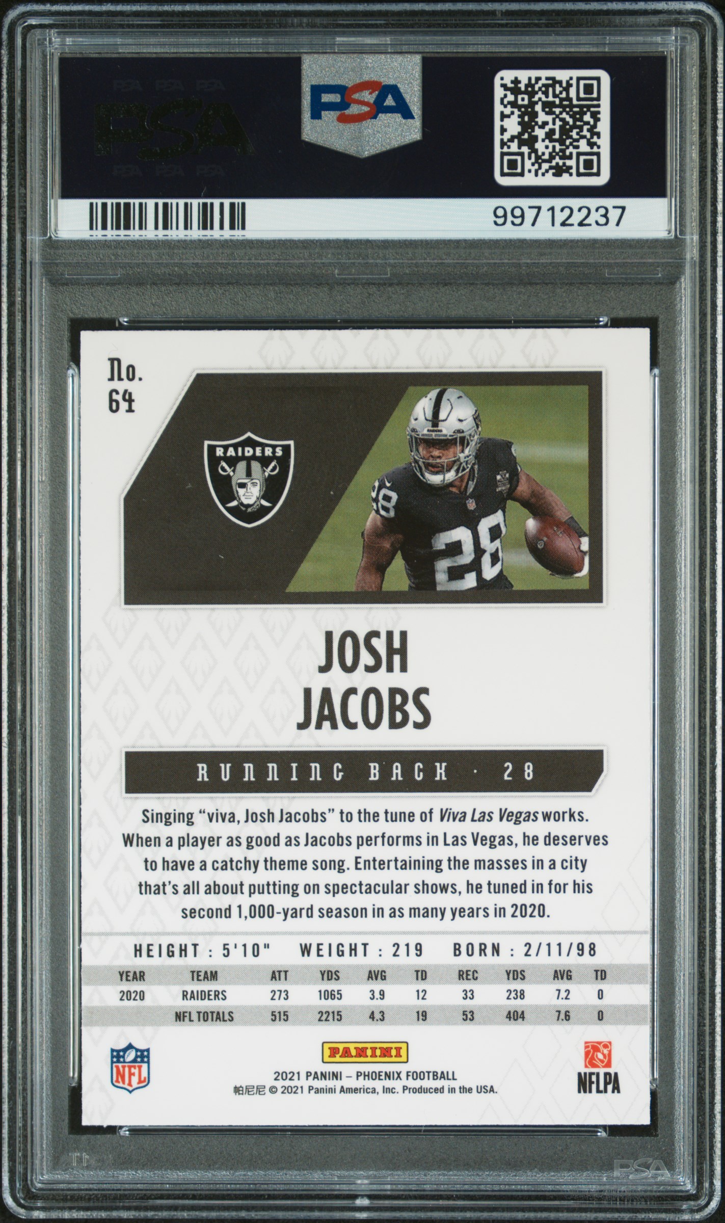 2021 Panini Phoenix Josh Jacobs #64 (Celestial) Mint 9 back