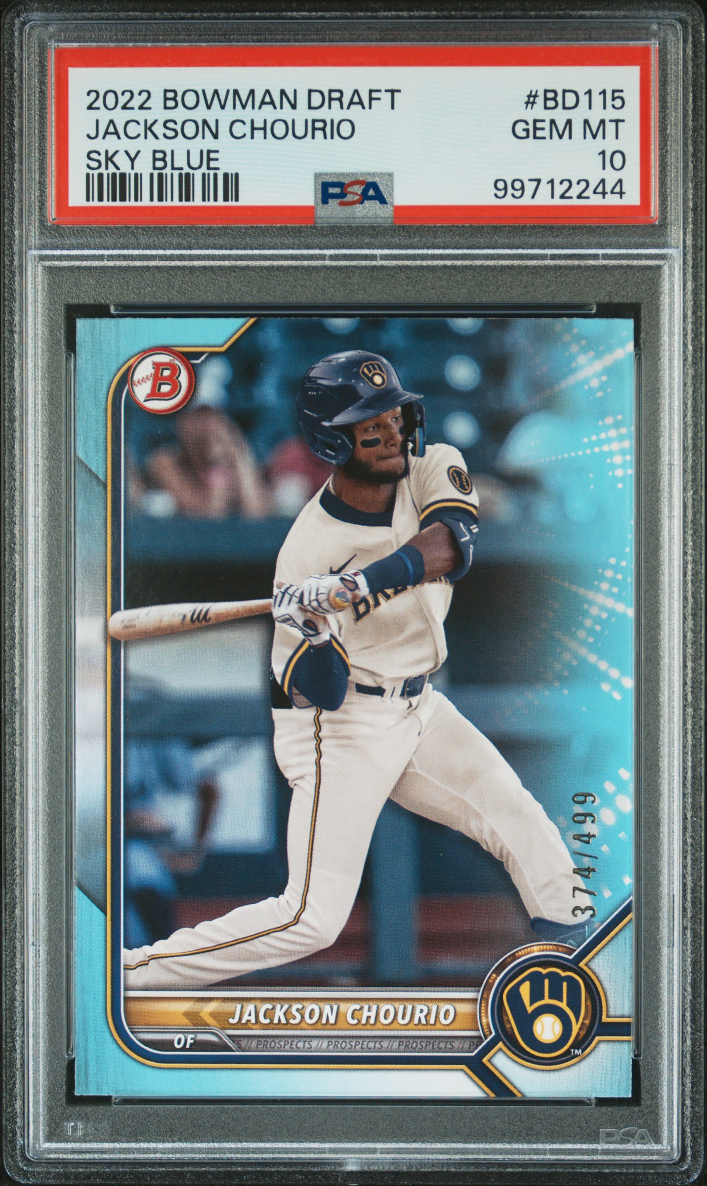2022 Bowman Draft Jackson Chourio #Bd115 (Sky Blue) Gem Mt 10 front