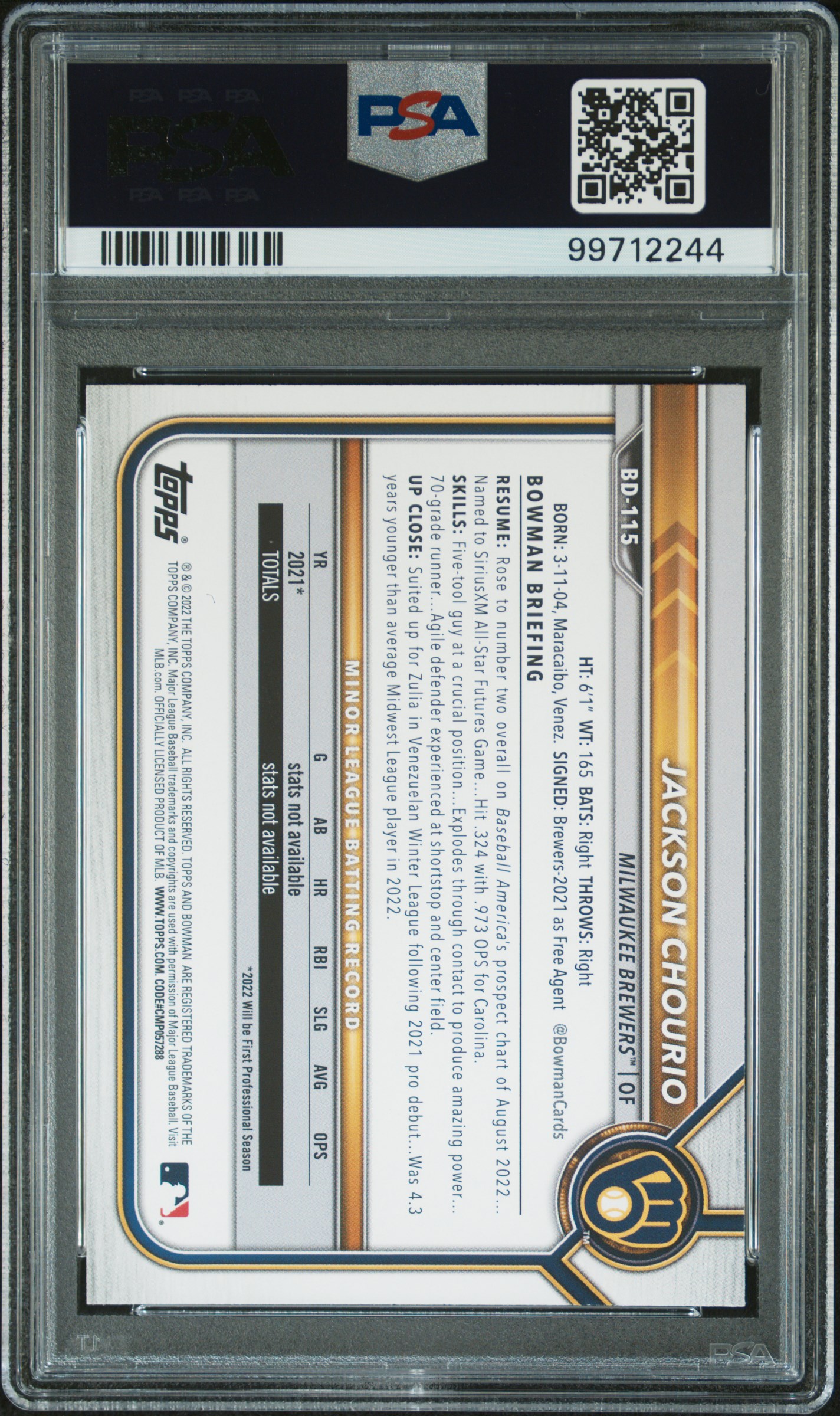 2022 Bowman Draft Jackson Chourio #Bd115 (Sky Blue) Gem Mt 10 back