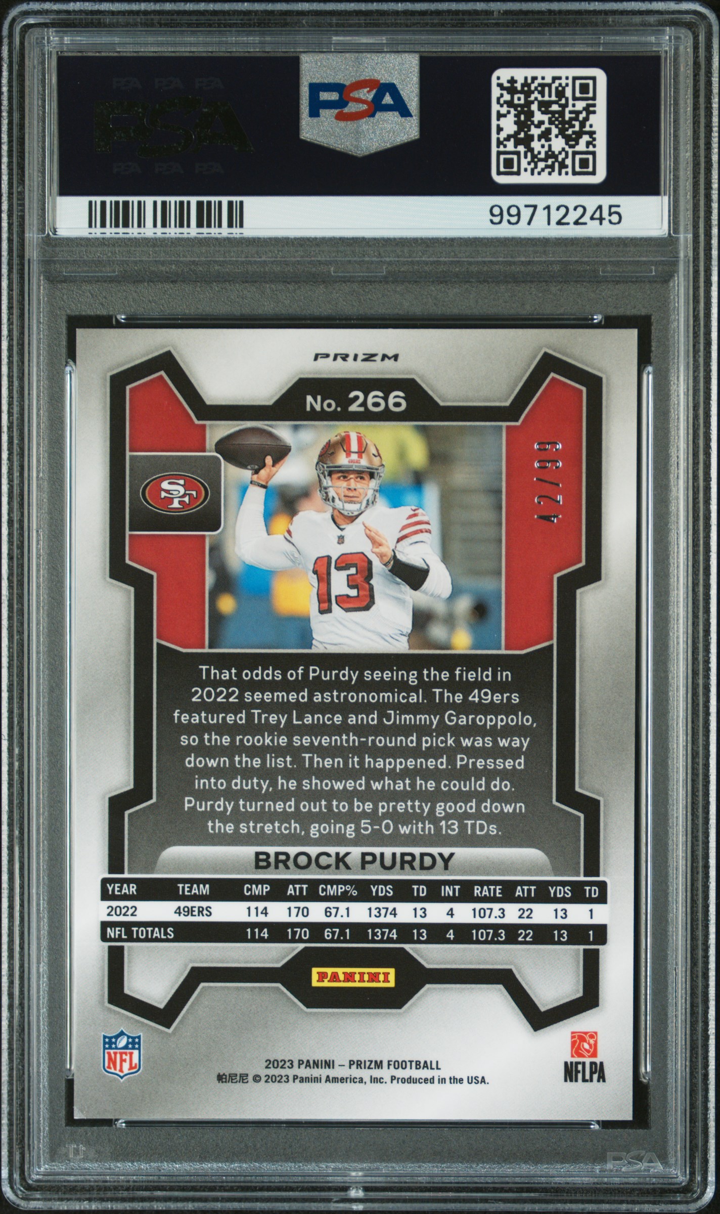 2023 Panini Prizm Brock Purdy #266 (Blue Ice) Mint 9 back