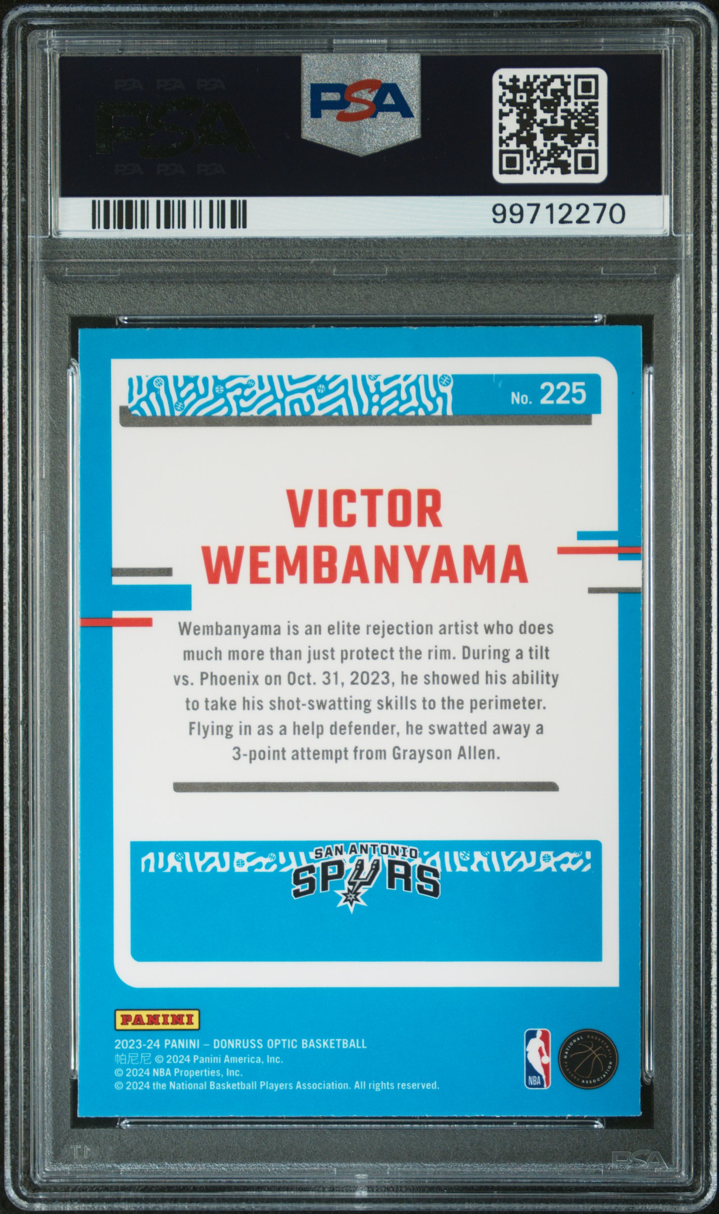 2023 Panini Donruss Optic Victor Wembanyama #225 Mint 9 back
