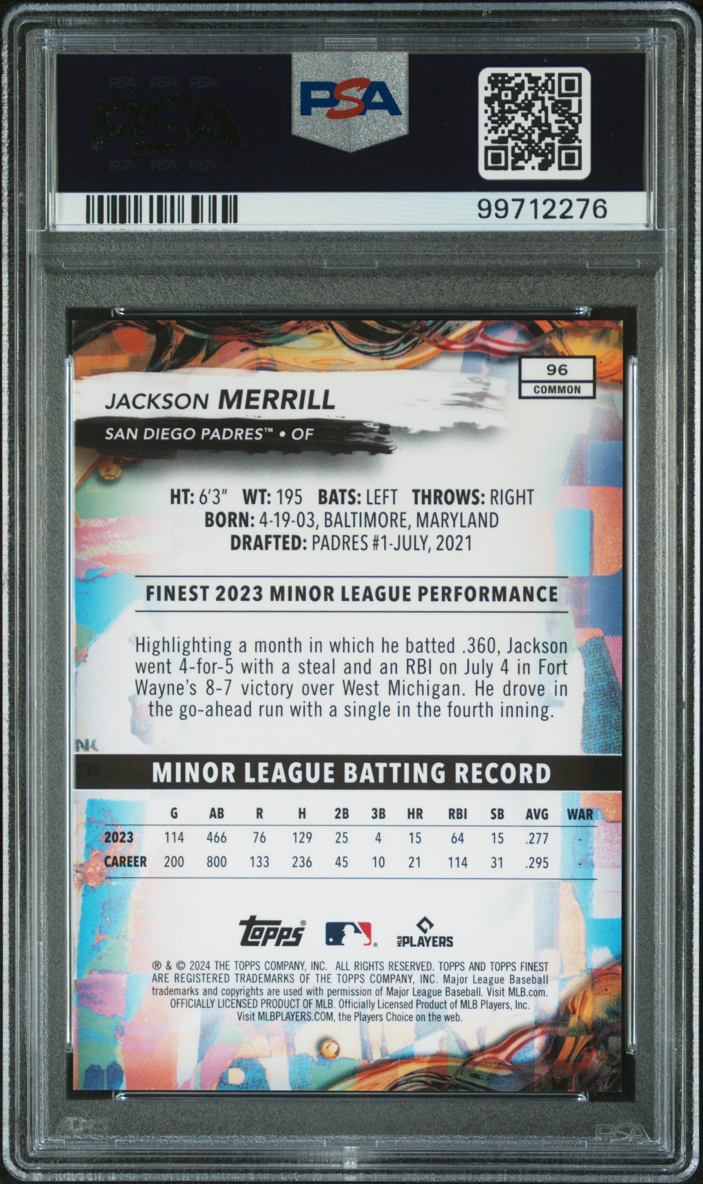 2024 Topps Finest Jackson Merrill #96 (Blue Refractor) Mint 9 back