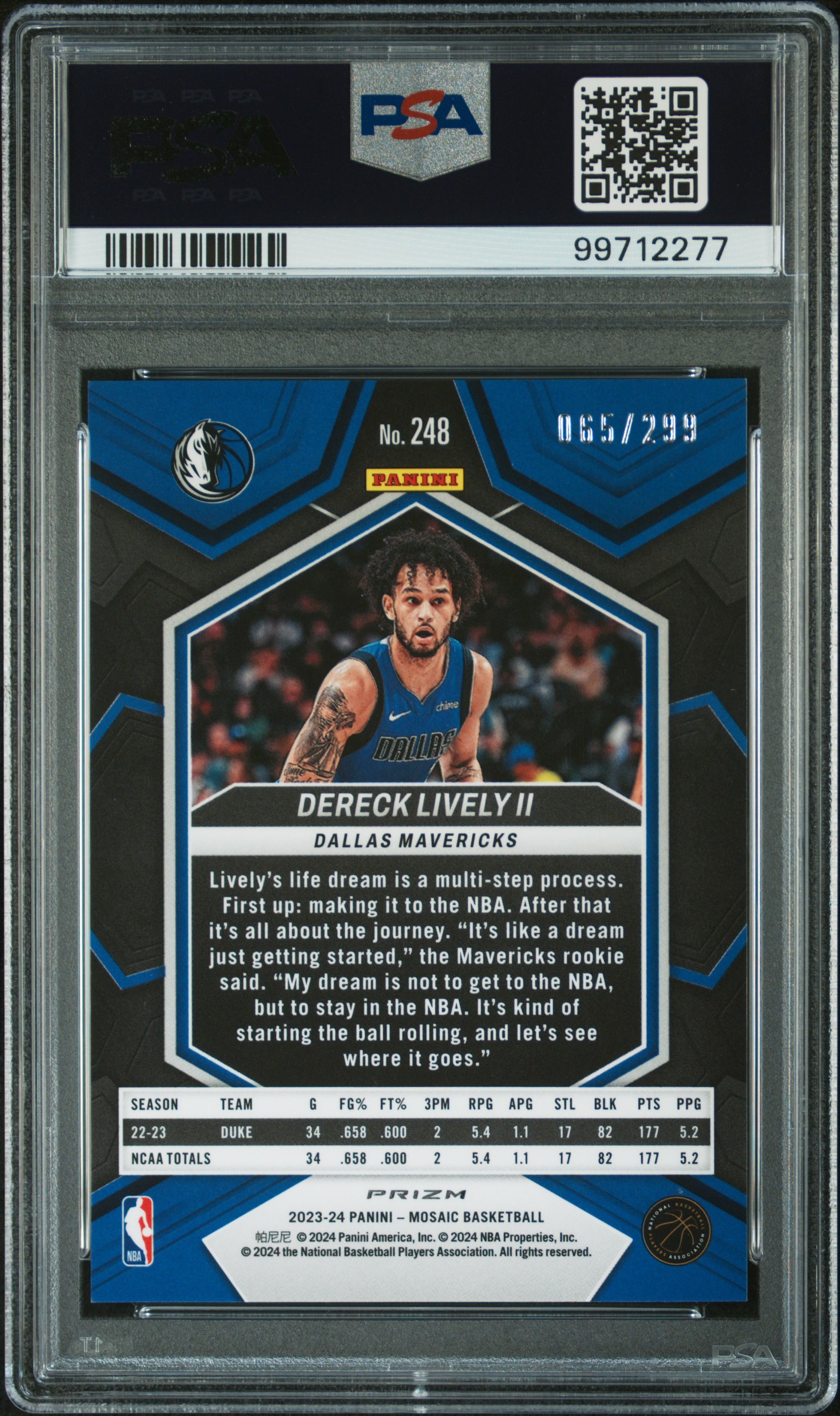 2023 Panini Mosaic Dereck Lively Ii #248 (Red Seismic) Mint 9 back