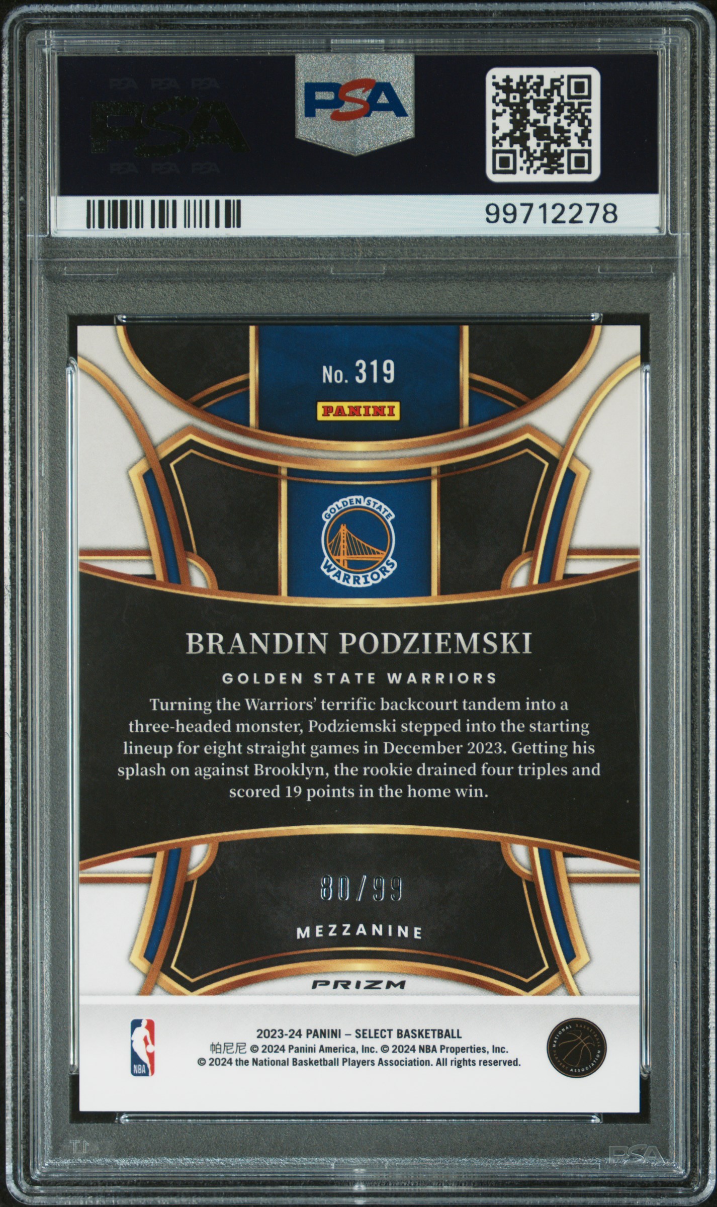 2023 Panini Select Brandin Podziemski #319 (Purple Cracked Ice) Nm-Mt 8 back