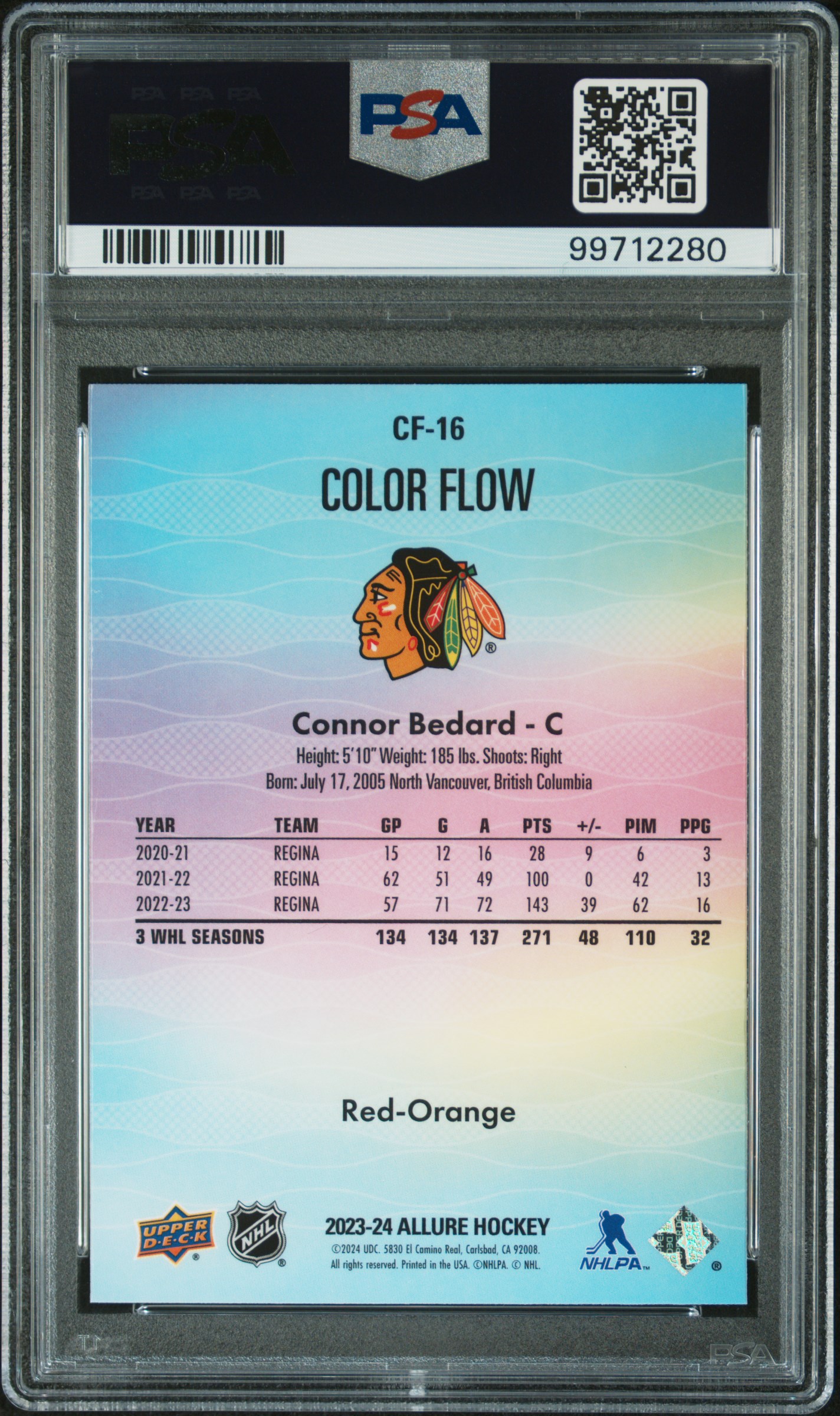 2023 Upper Deck Allure Color Flow Connor Bedard #Cf16 (Color Flow-Red-Orange) Mint 9 back