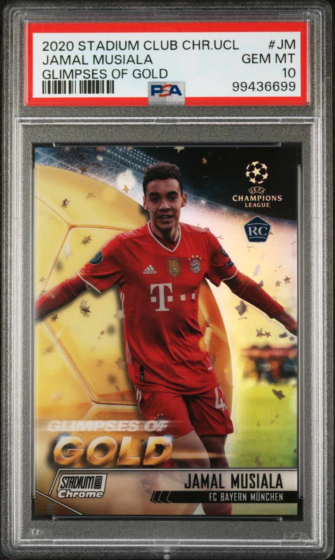 2020 Topps STADIUM CLUB CHROME UEFA CHAMPIONS LEAGUE GLIMPSES OF GOLD ATOMIC REFRACTOR #JM Jamal Musiala front