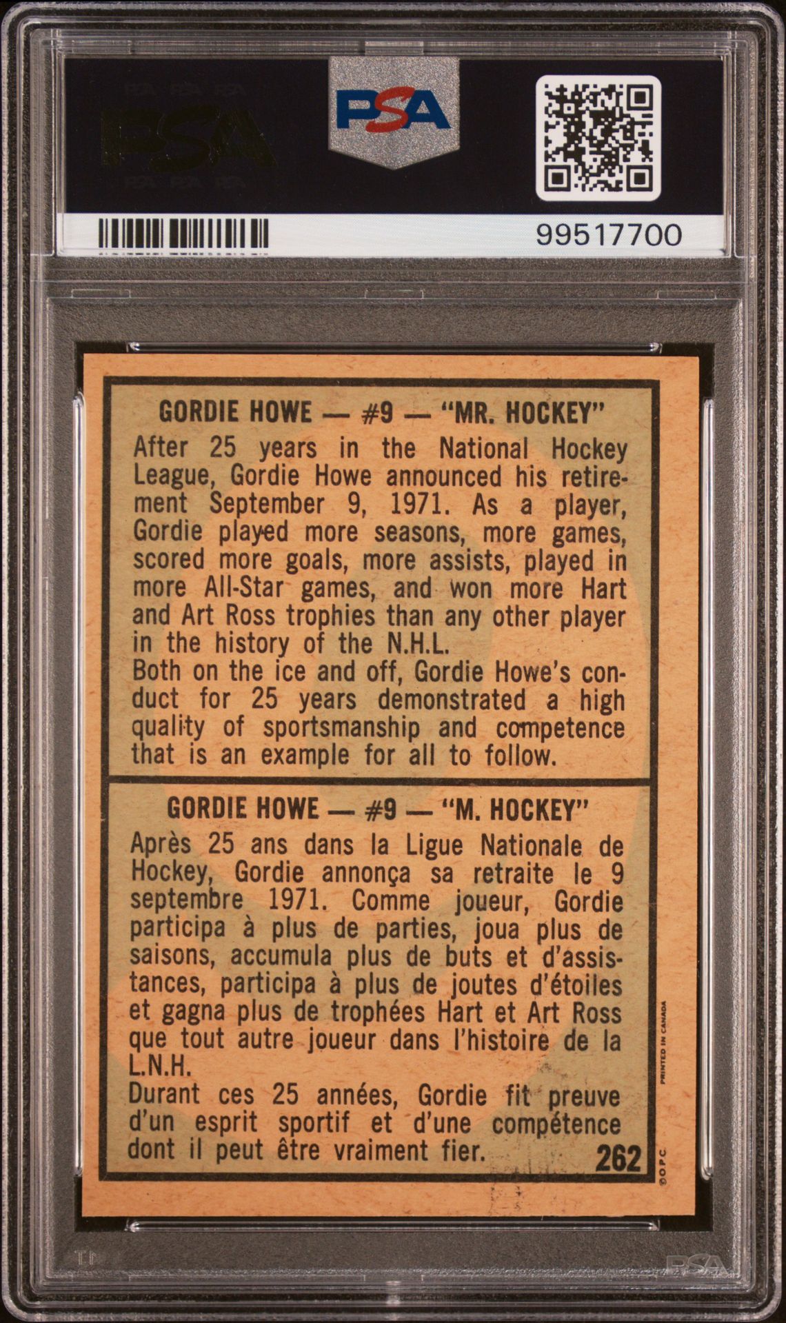 1971 O-Pee-Chee Gordie Howe #262 (Retirement Special) Good 2 back