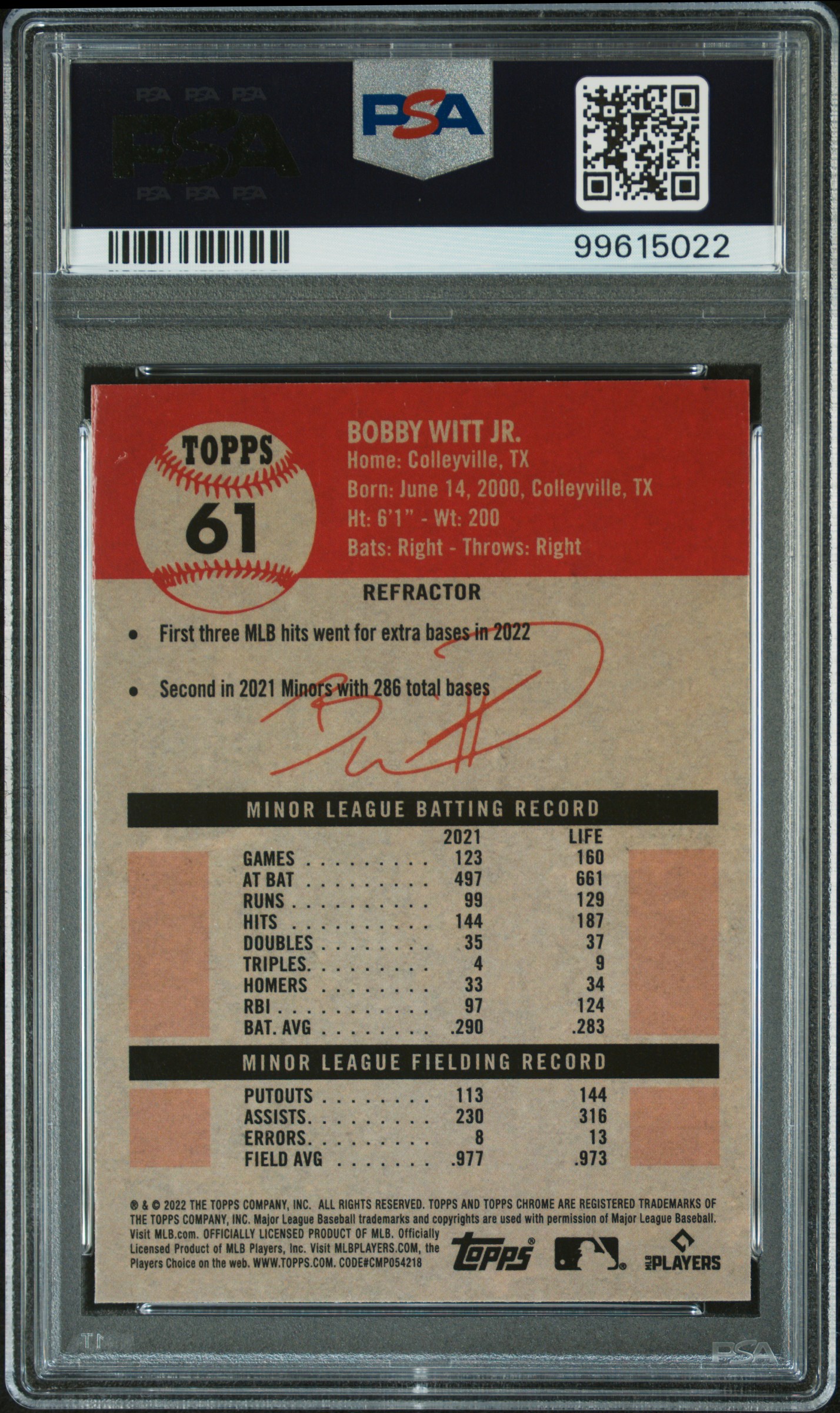 2022 Topps Chrome Platinum Anniversary Bobby Witt Jr. #61 (Refractor) Gem Mt 10 back