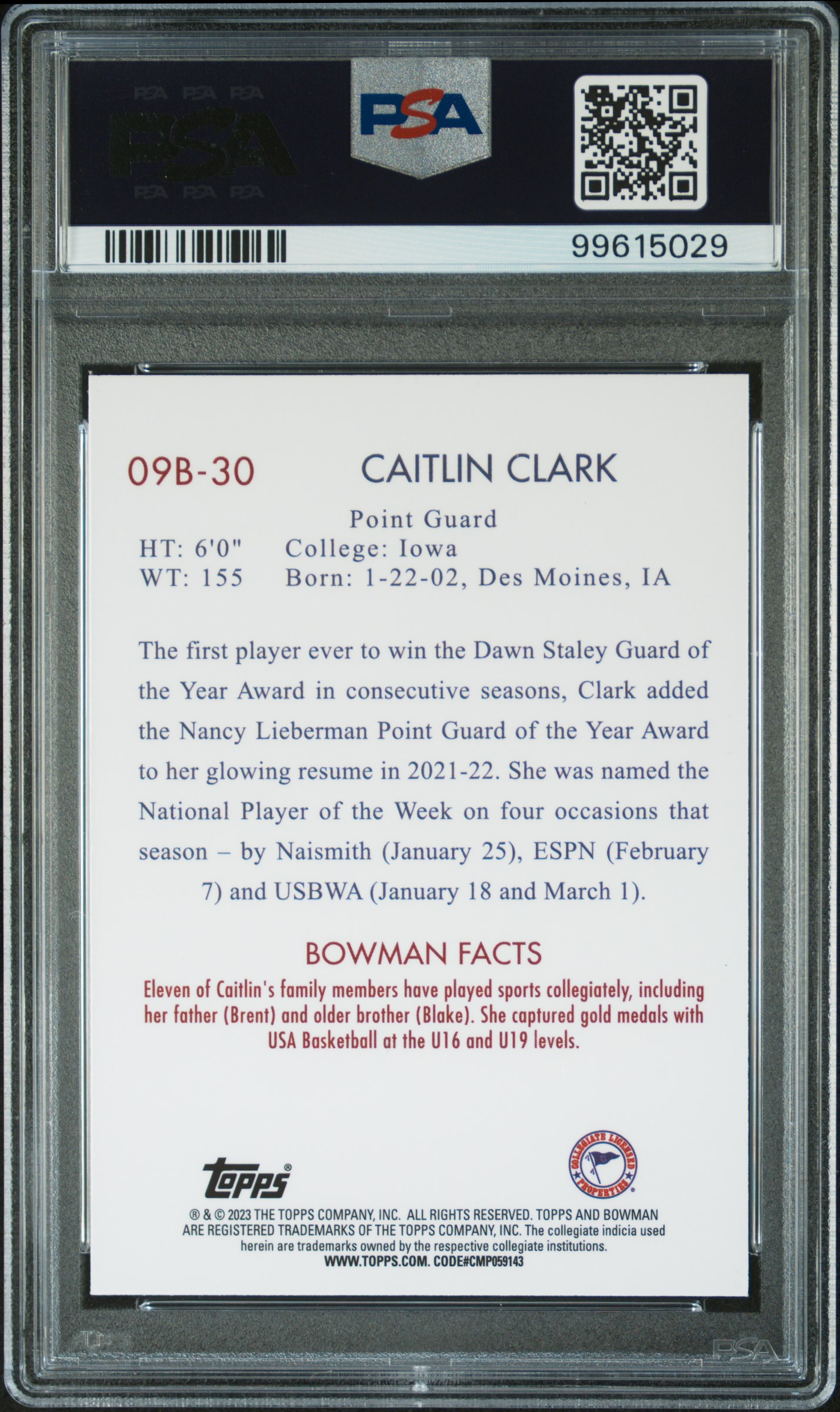 2022 Bowman Chrome University 2009 Bowman Caitlin Clark #09B30 (2009 Bowman) Mint 9 back