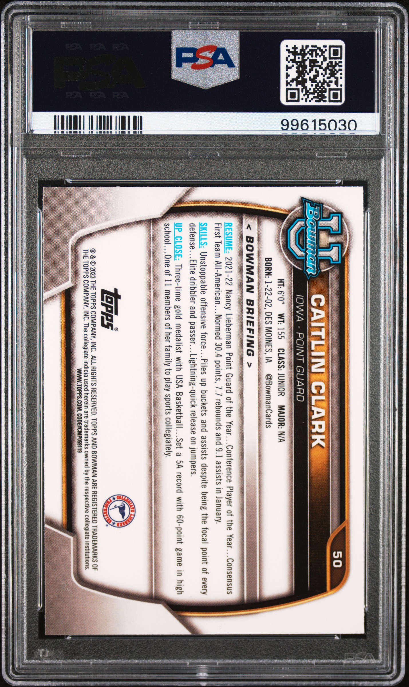 2022 Bowman Chrome University Caitlin Clark #50 Mint 9 back