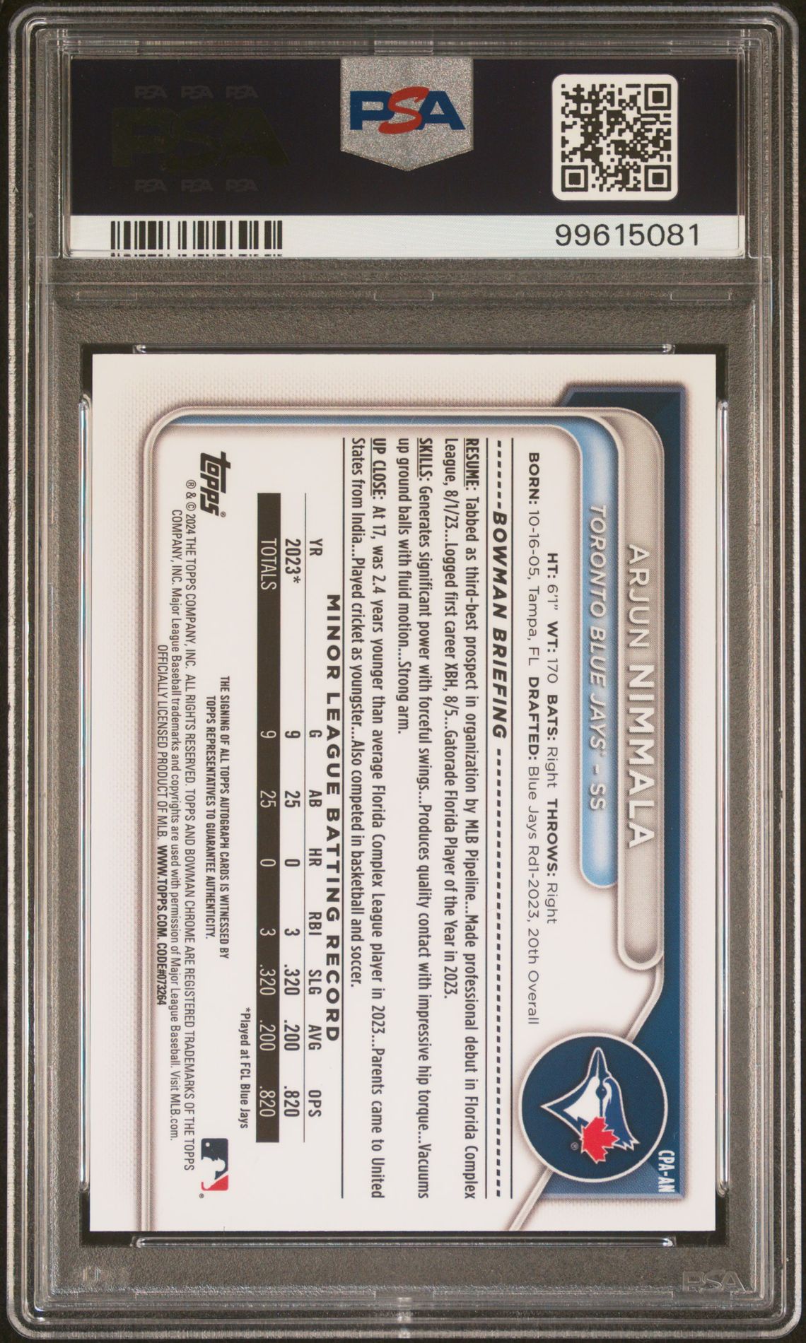 2024 Bowman Chrome Prospect Autographs Arjun Nimmala #Cpaan (Chrome Prospect Au-Blue Ref) Mint 9 back