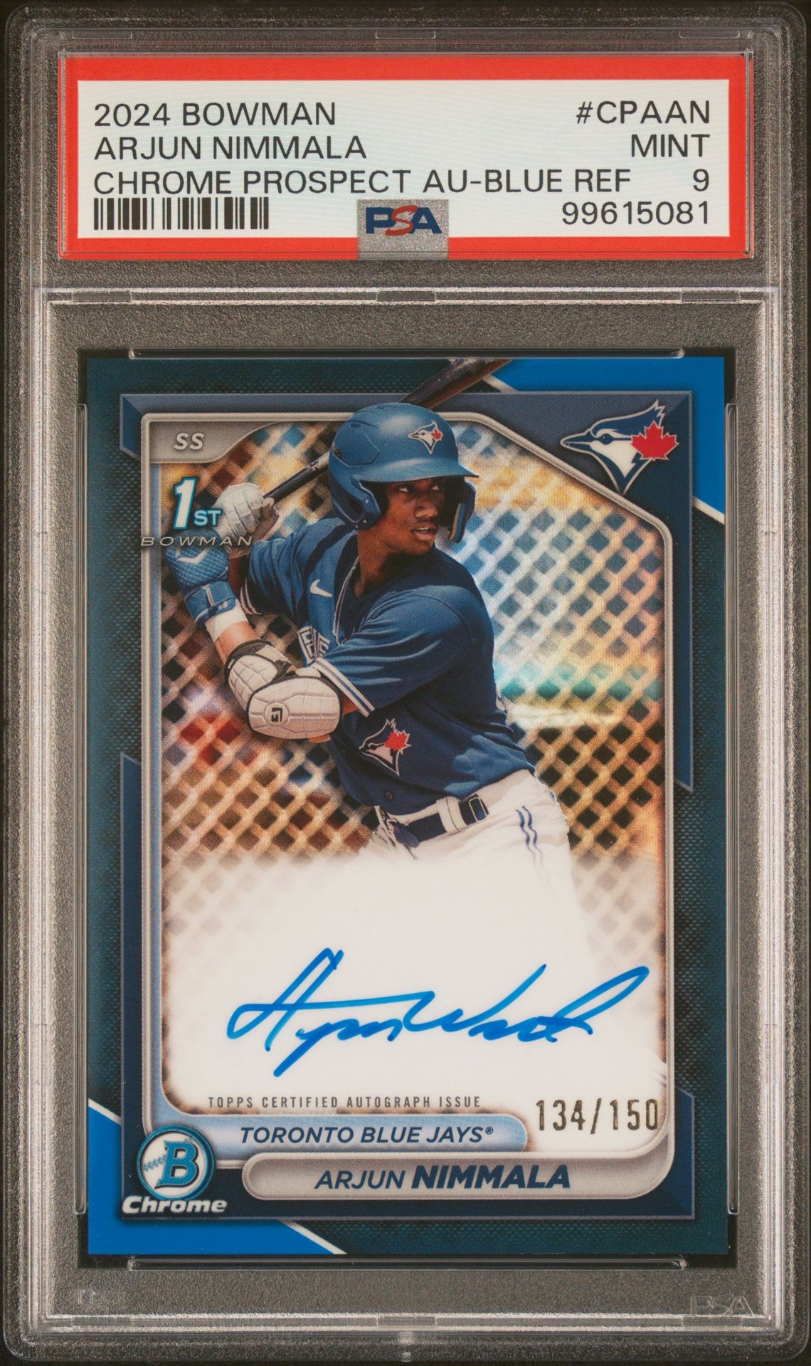 2024 Bowman Chrome Prospect Autographs Arjun Nimmala #Cpaan (Chrome Prospect Au-Blue Ref) Mint 9 front