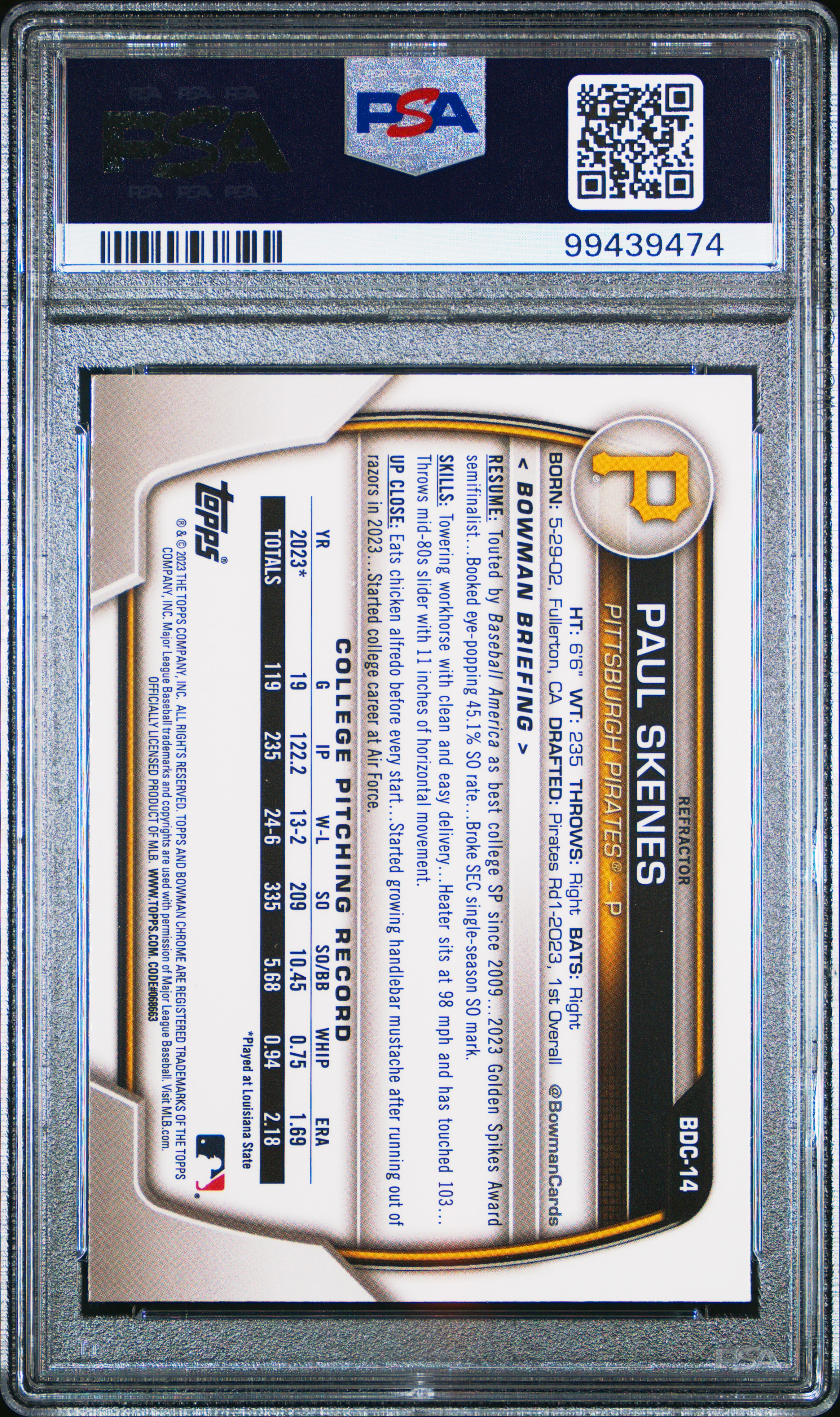 2023 Bowman Draft Paul Skenes #Bdc14 (Chrome-Refractor) Mint 9 back