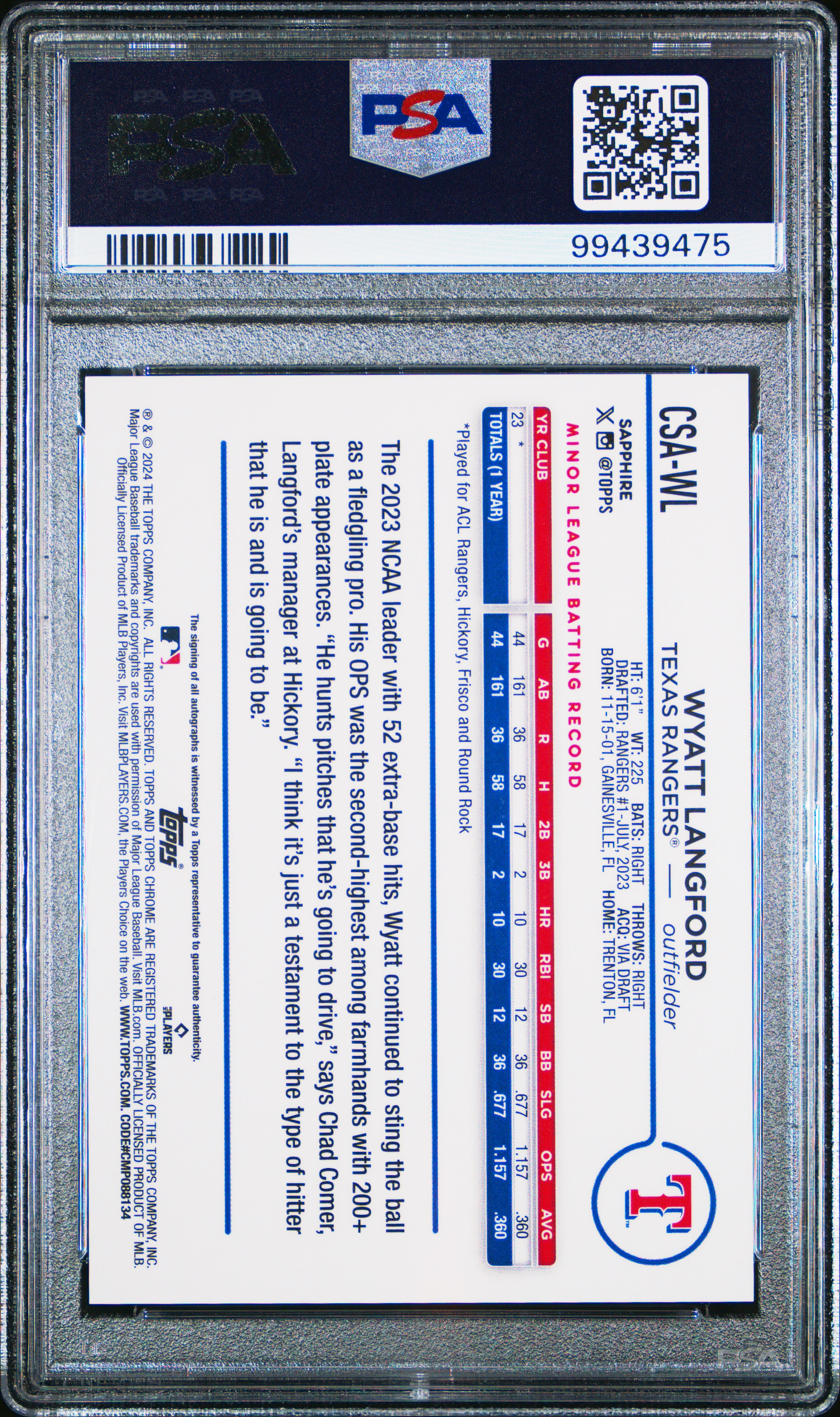 2024 Topps Chrome Sapphire Chrome Sapphire Autographs Wyatt Langford #Csawl Gem Mt 10 back